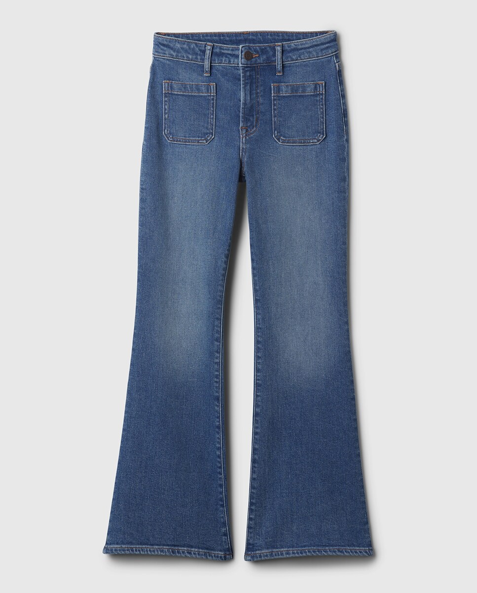 Jeans à Boca de Sino com Bolsos Azul-claro-4