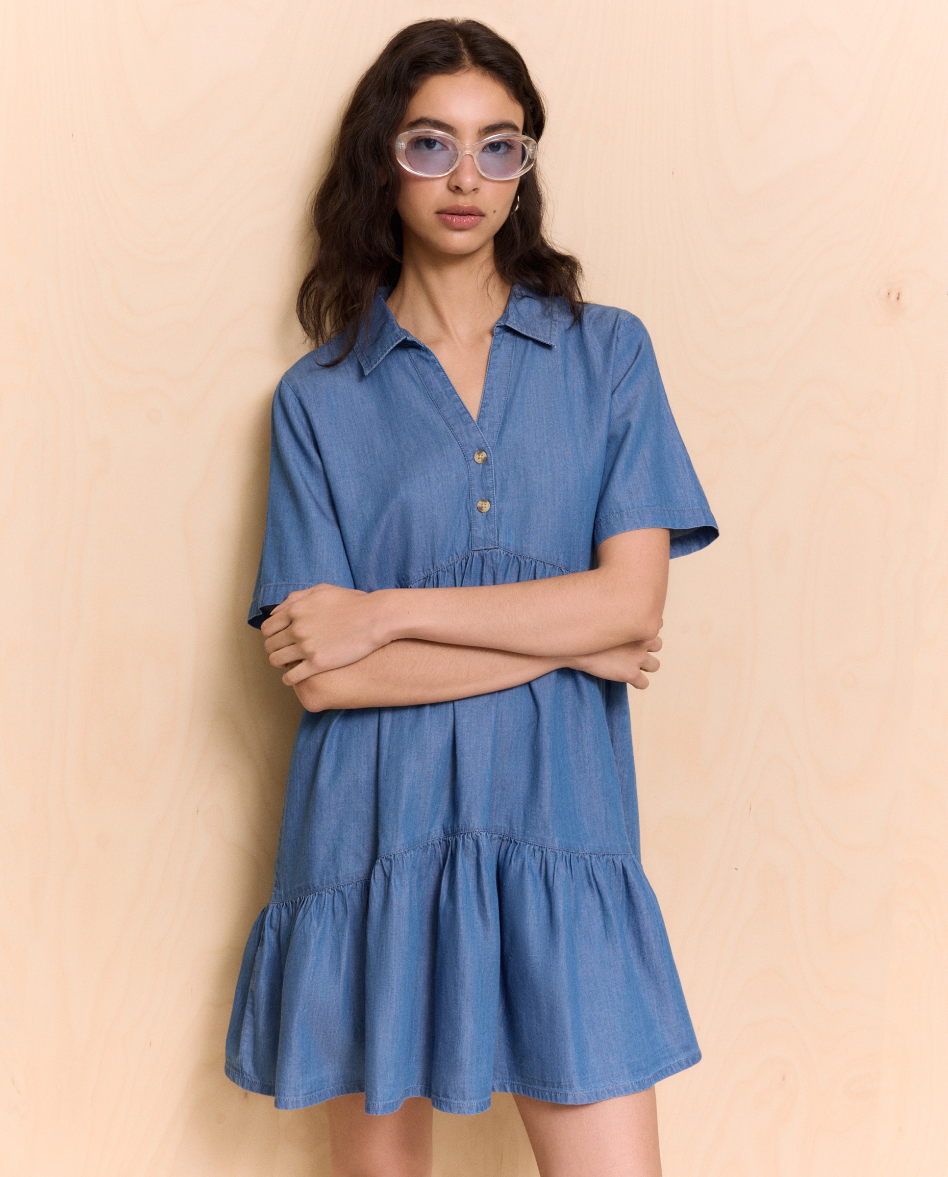 Easy Wear - Vestido vaquero corto con paneles de mujer.