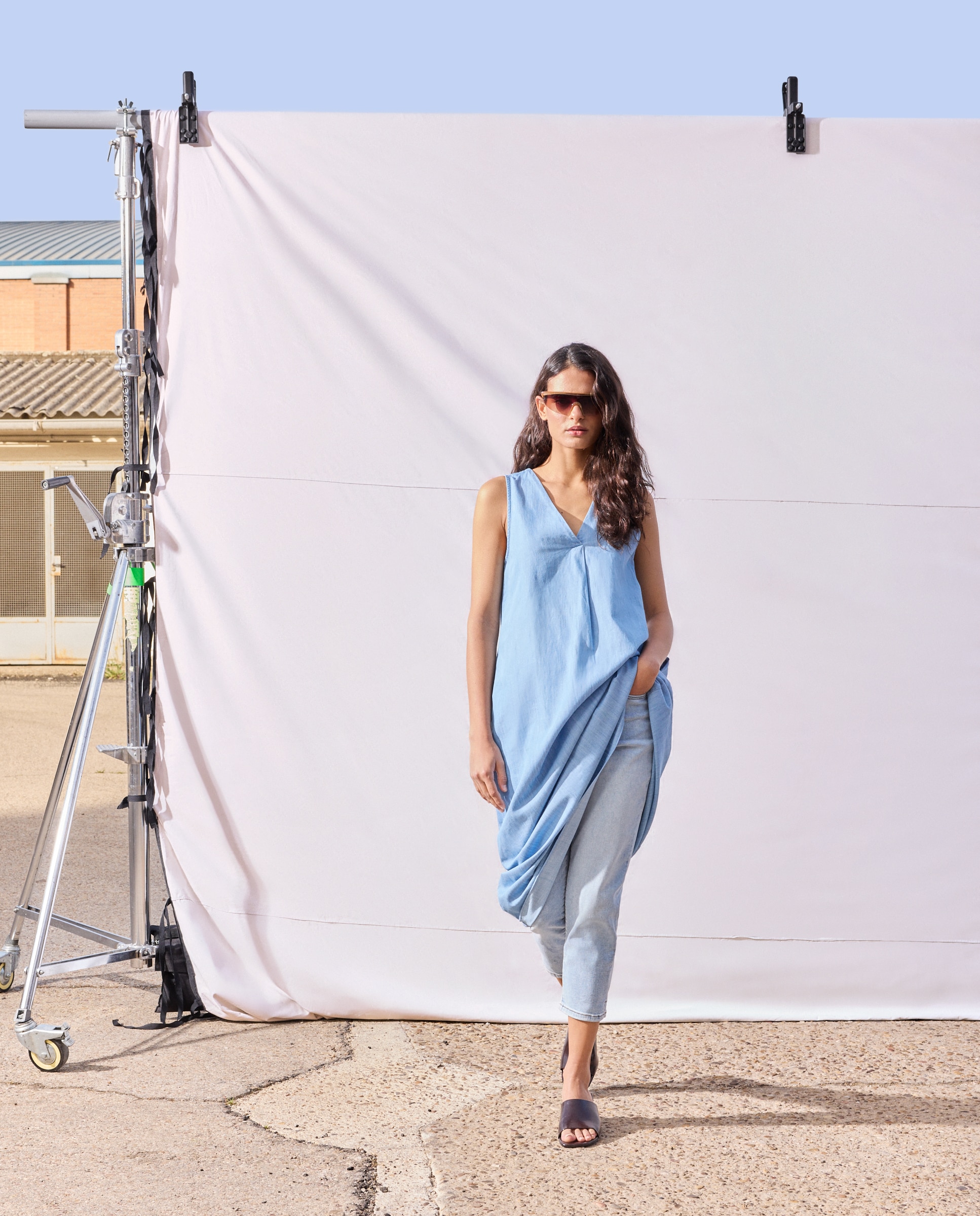 Vestido comprido de ganga Azul pálido-1