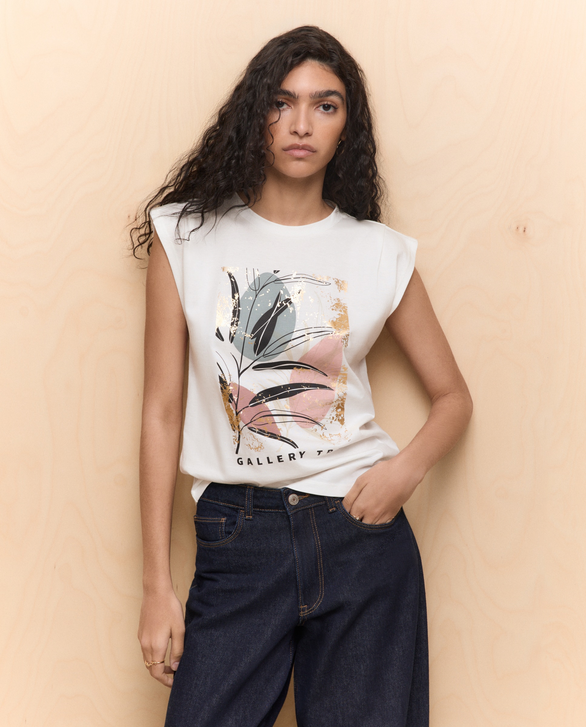 Camiseta sin mangas estampada de mujer - Easy Wear - Beige Crudo-1