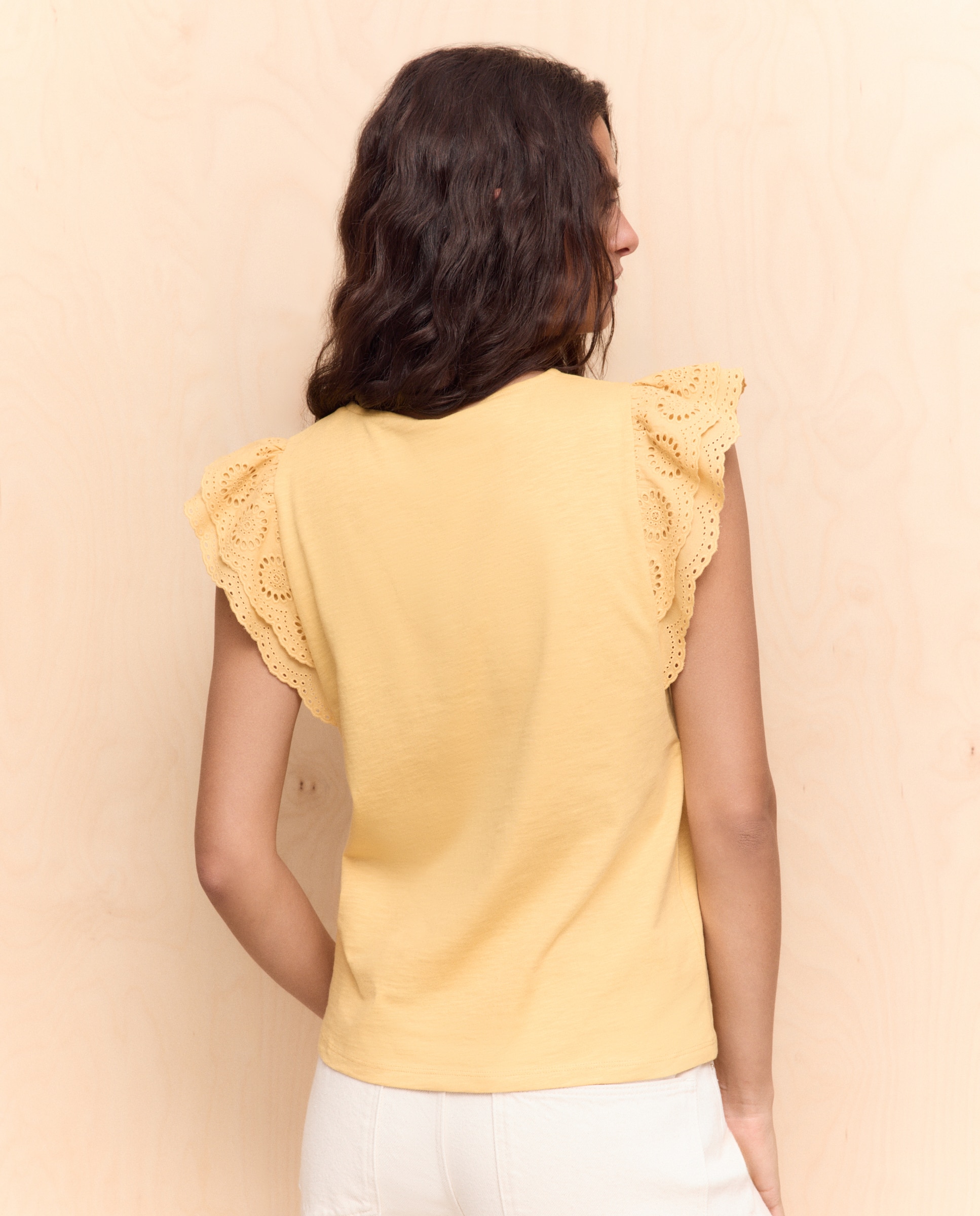 T-shirt com Folhos nas Mangas 300 Amarelo-3