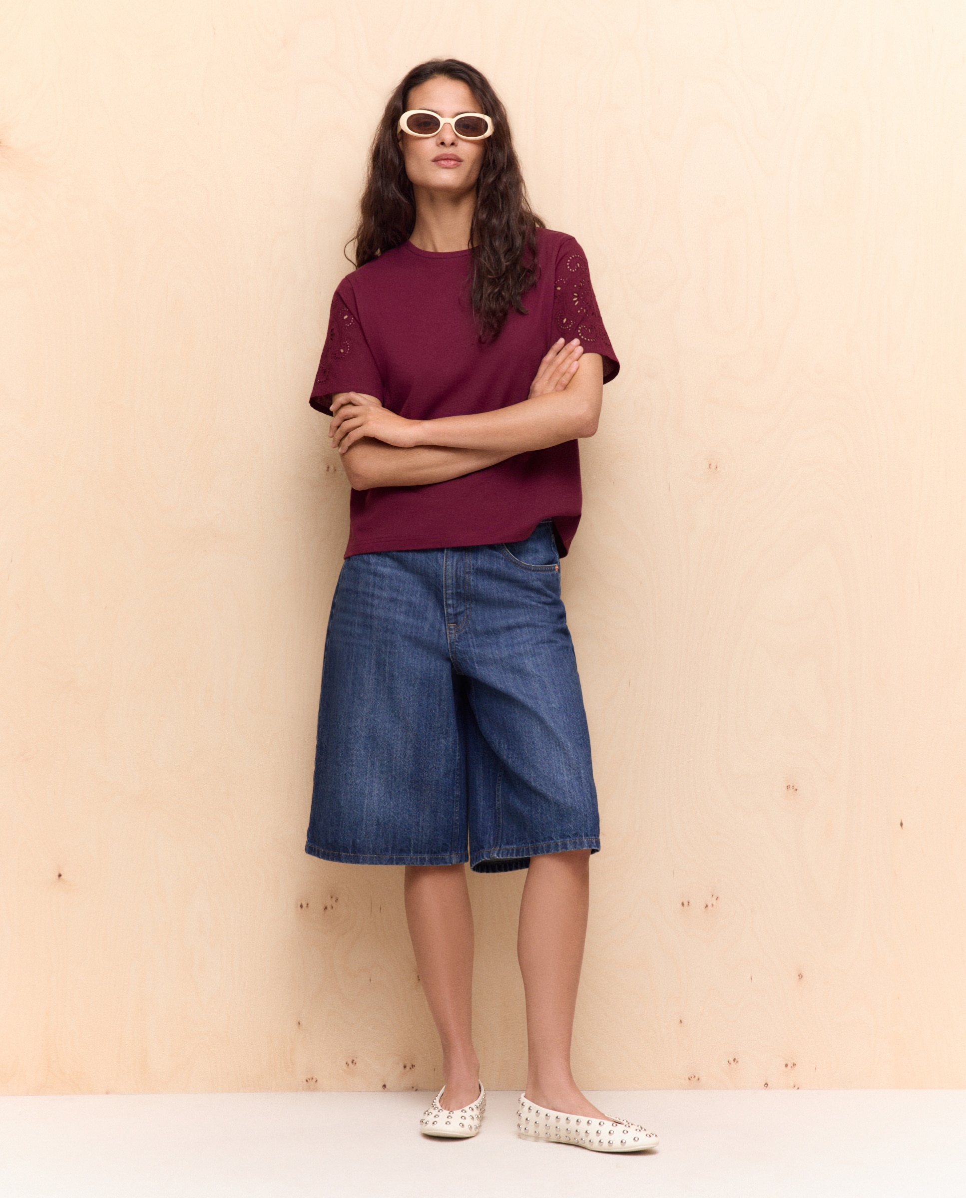 T-shirt com Mangas Perfuradas Bordeaux-2