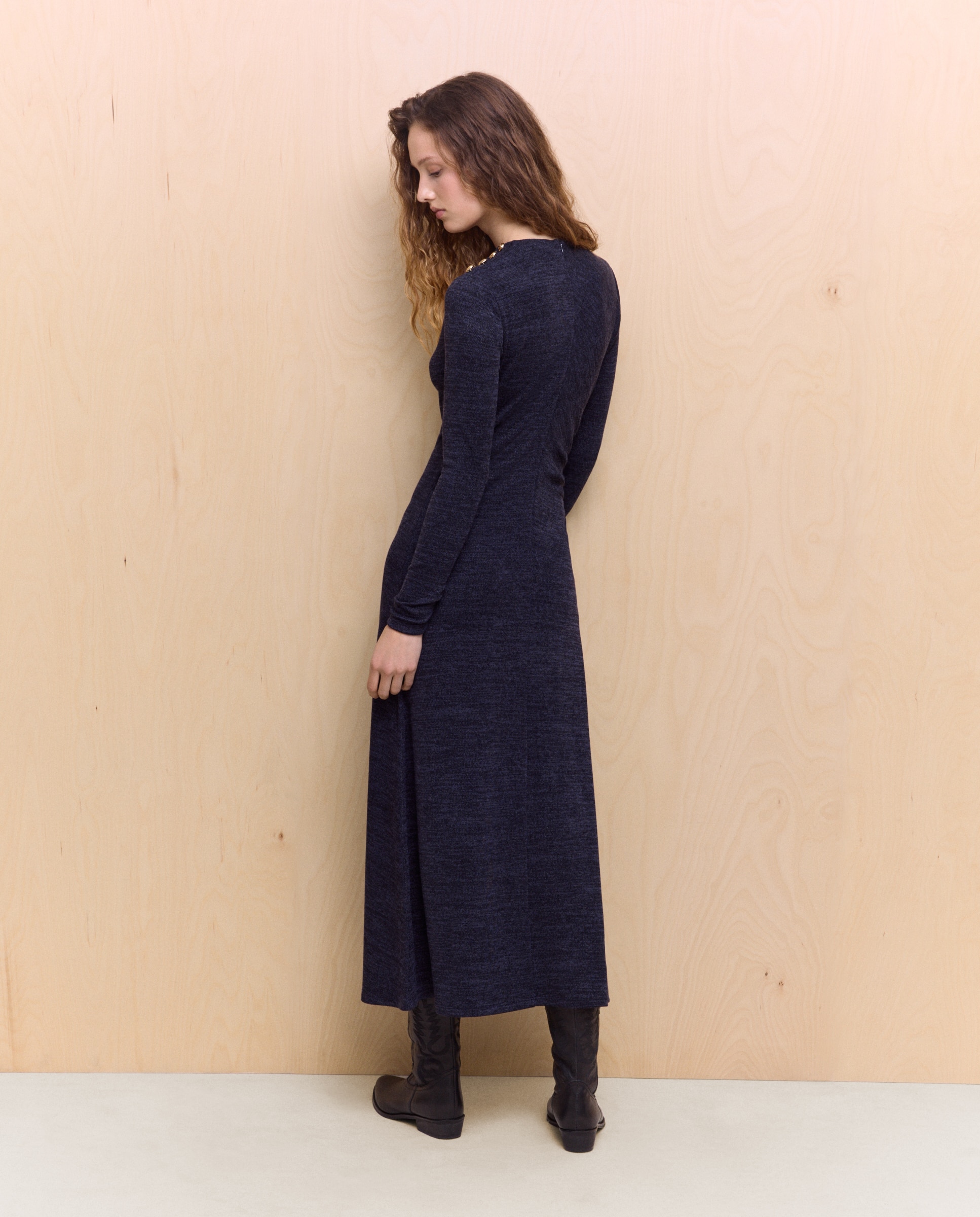 Vestido Liso com Manga Comprida Azul-marinho-3