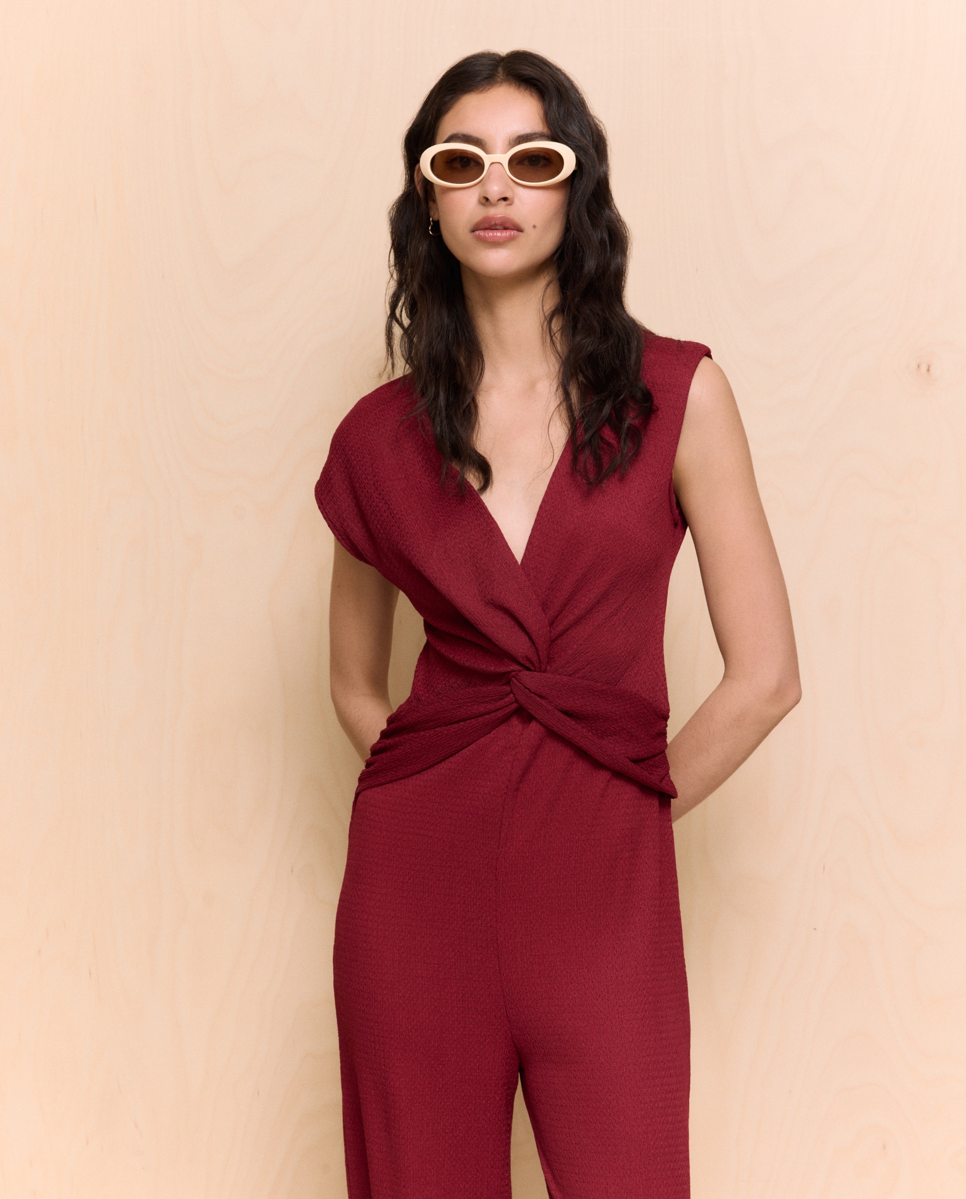 Macacão Comprido Ondulado com Nó Bordeaux-2