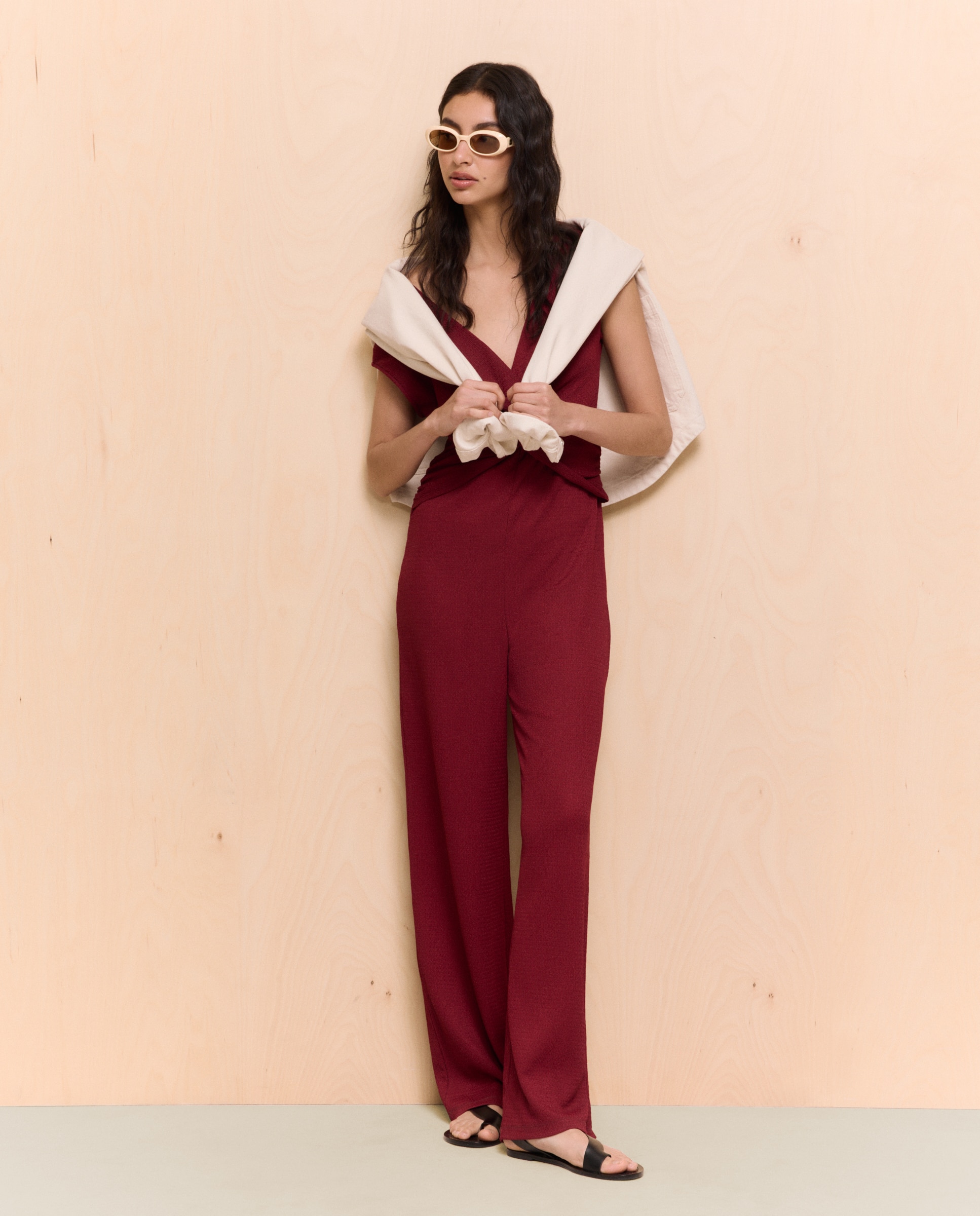 Macacão Comprido Ondulado com Nó Bordeaux-4