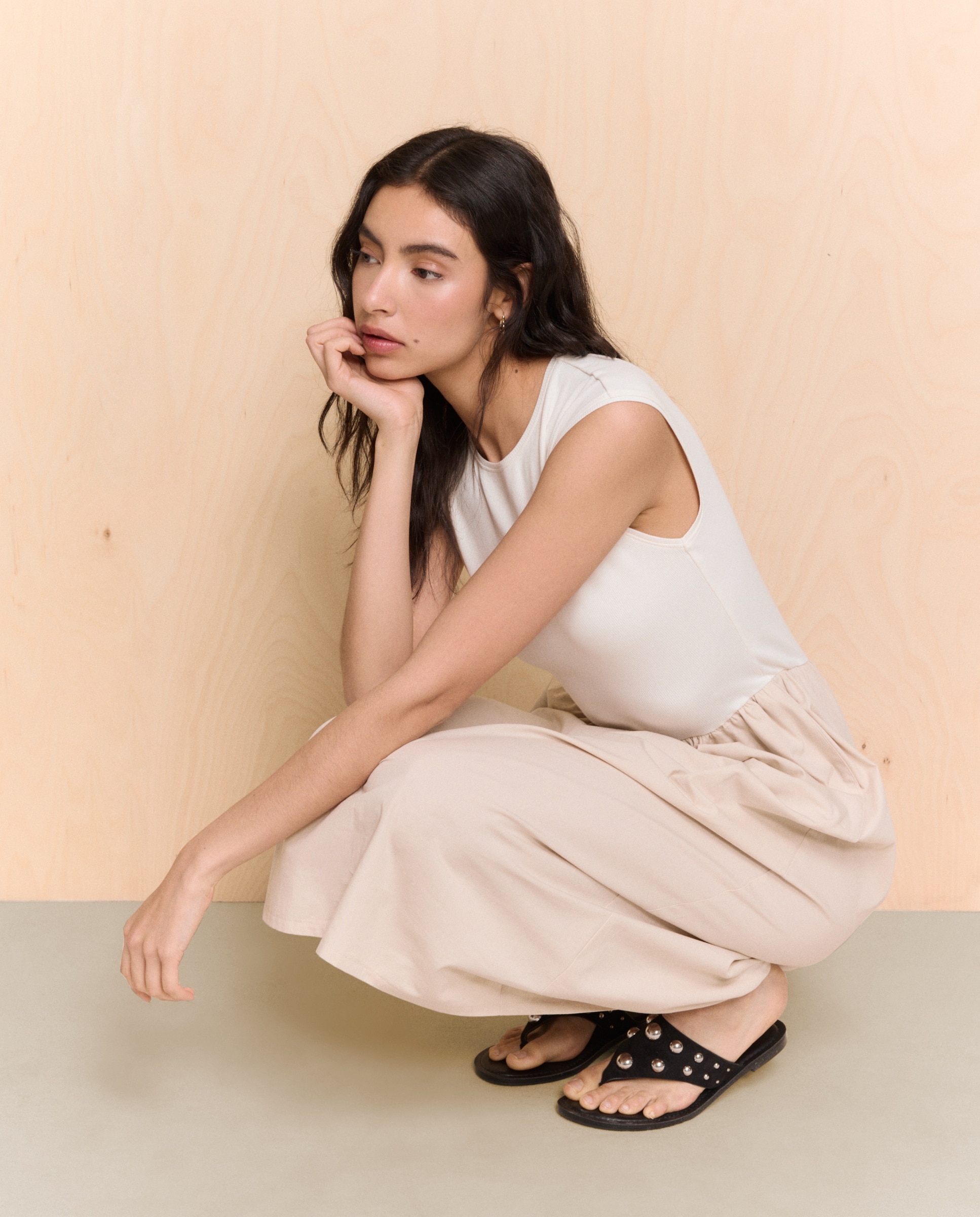 Vestido Midi Combinado sem Mangas Bege-2