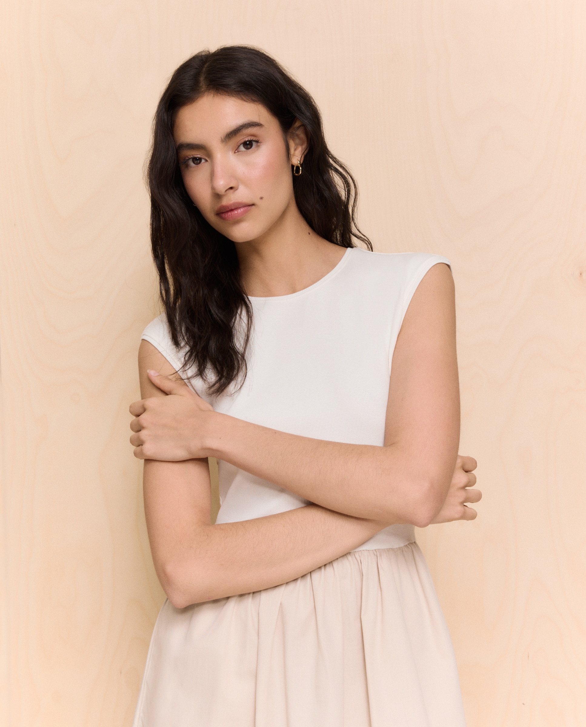 Vestido Midi Combinado sem Mangas Bege-3