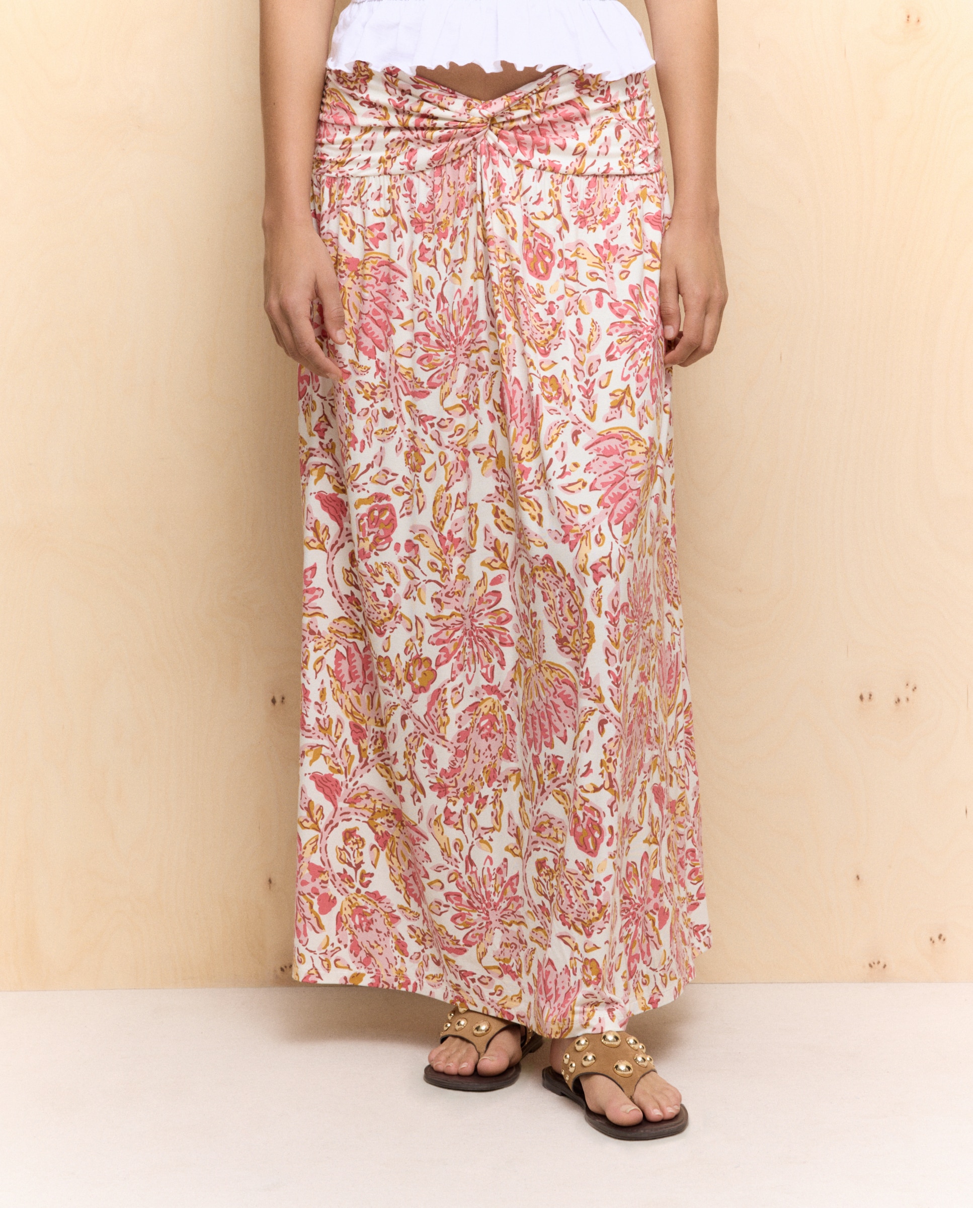 Falda midi de mujer con nudo - Easy Wear - Rosa Blanco-2