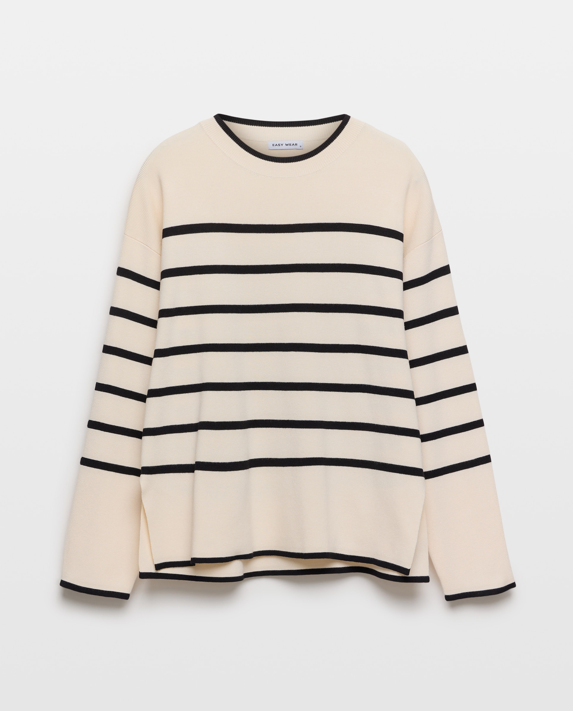 Camisola de Malha às Riscas com Aberturas e Decote Redondo Branco-4