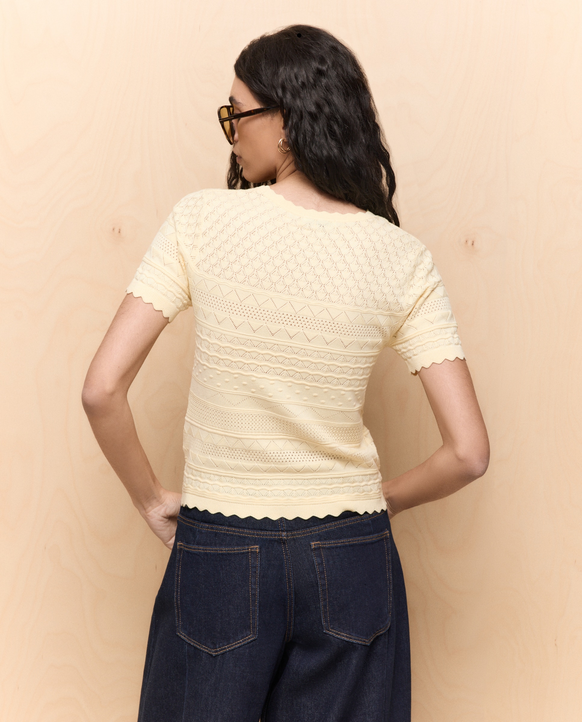 Camisola de Malha com Manga Curta e Rendilhados Amarelo-limão-3