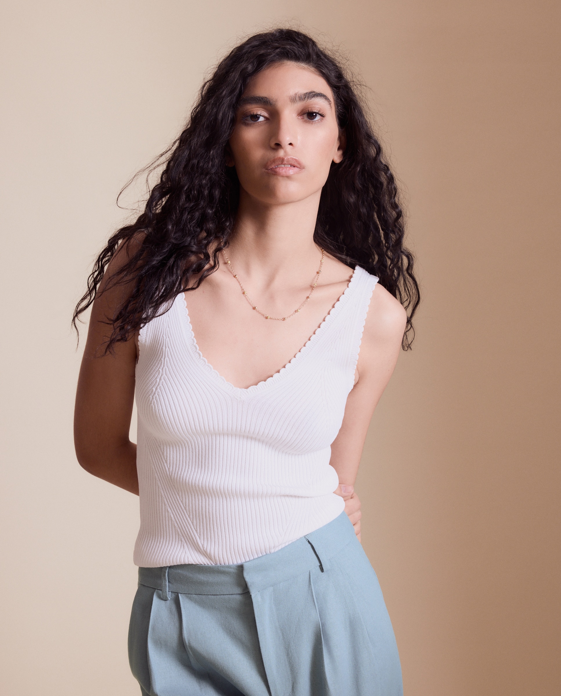 Camisola de Malha de Alças Caneladas Branco-marfim-2