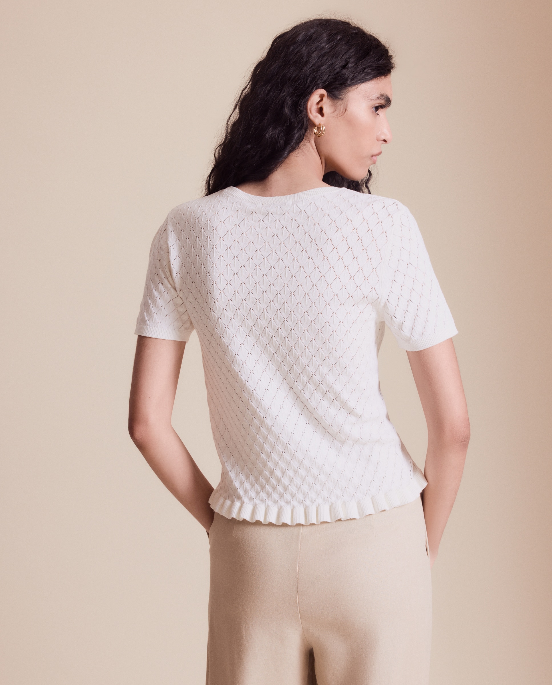 Camisola de Malha com Manga Curta e Estrutura 120 Cru-3