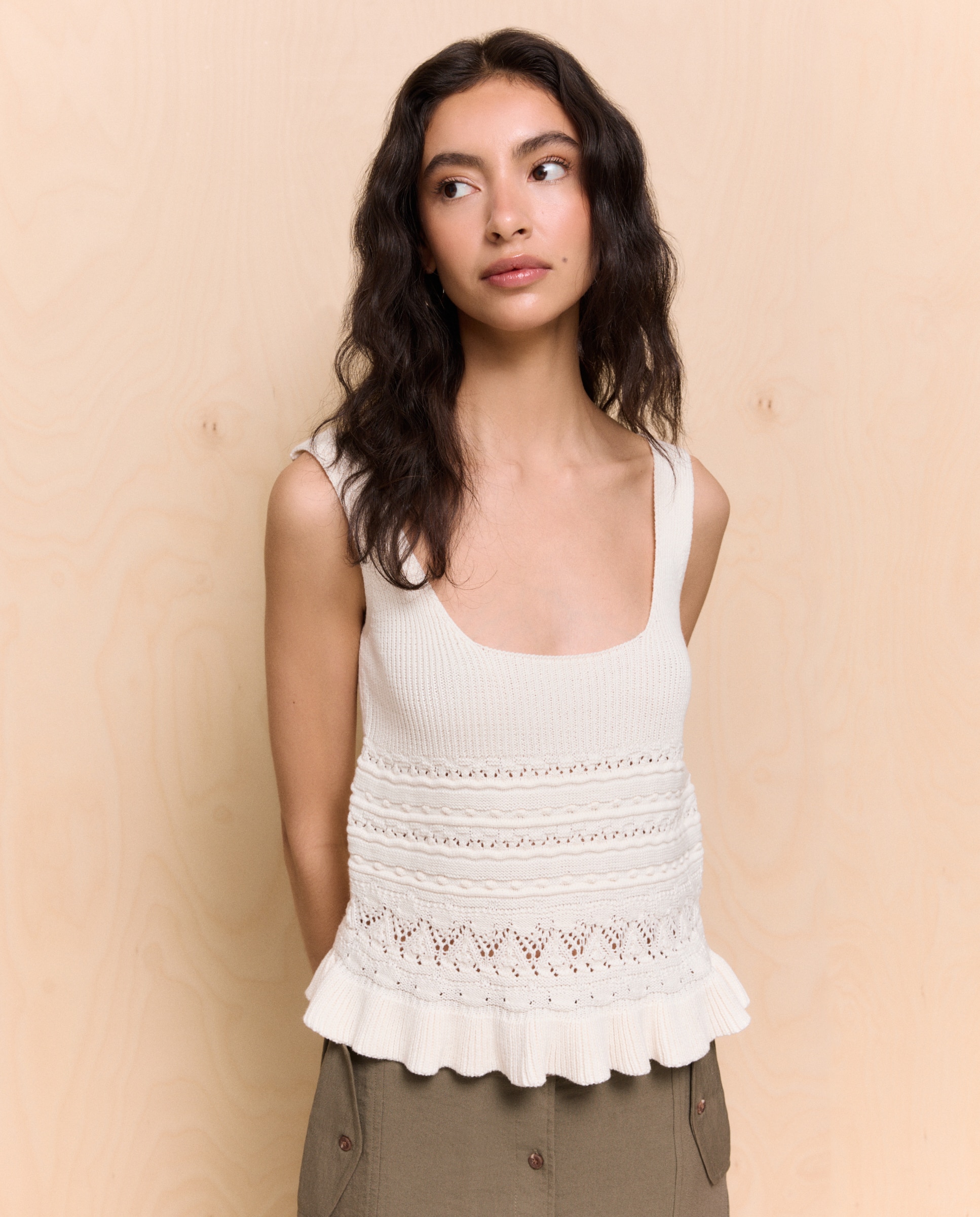 Easy Wear - Top tipo crochet volante bajo de mujer.