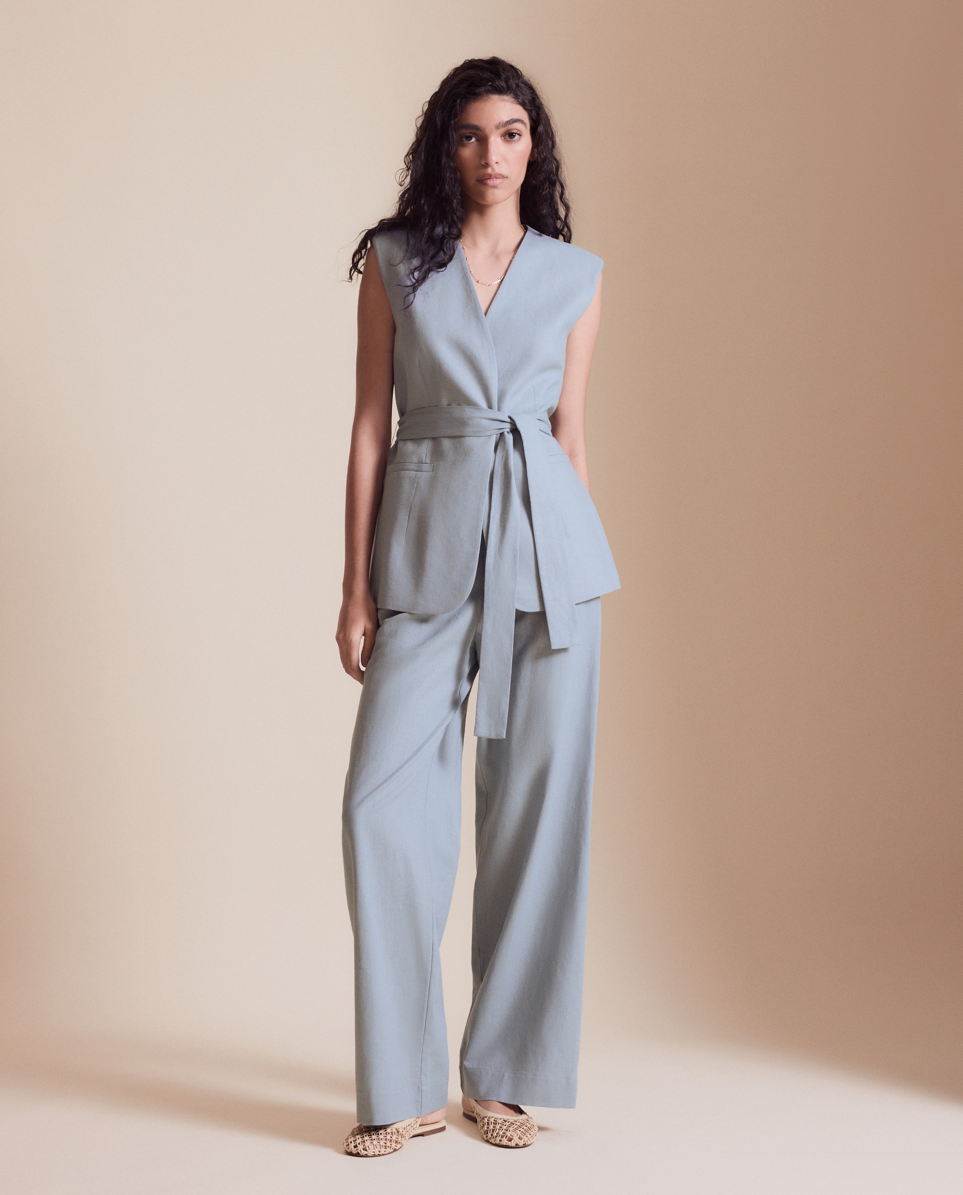 Colete de Linho com Cinto 400 Azul-2