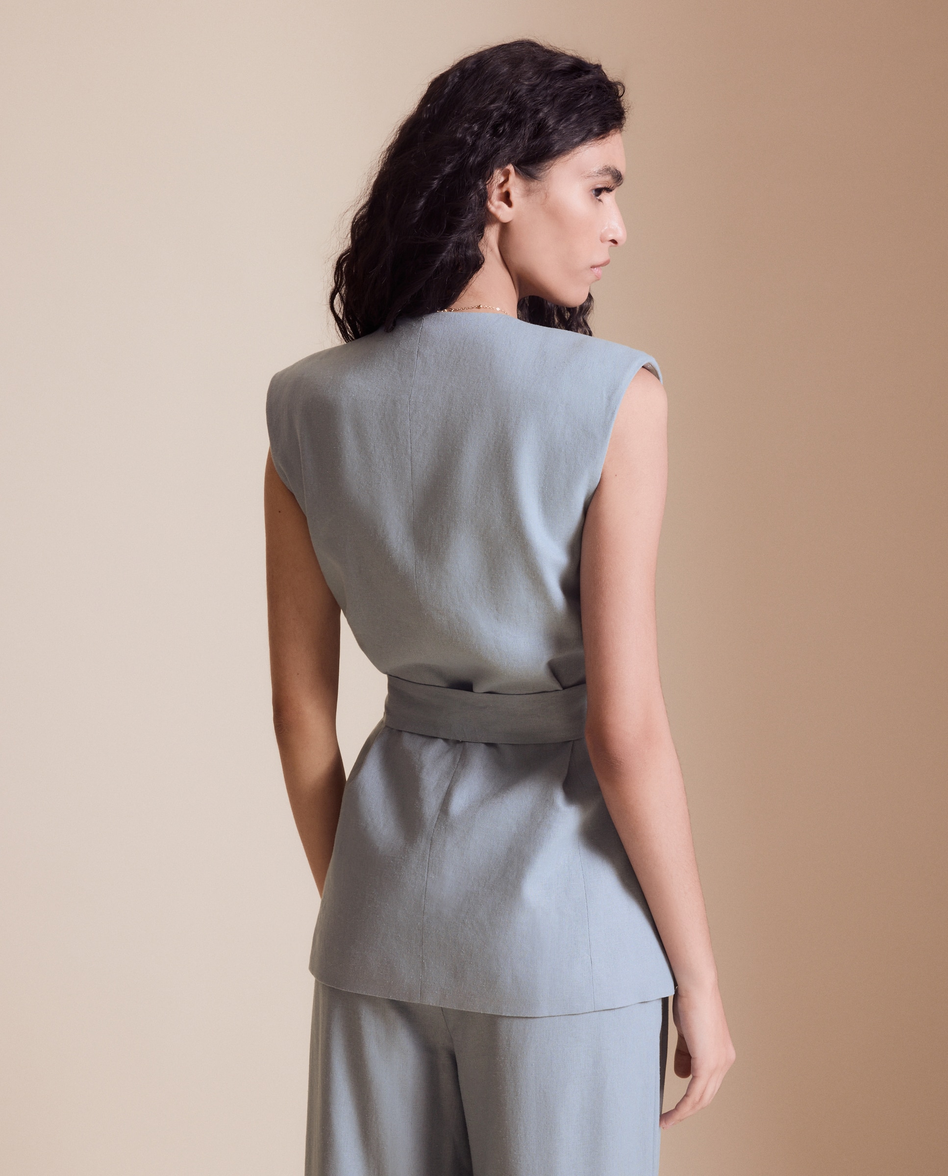 Colete de Linho com Cinto 400 Azul-3