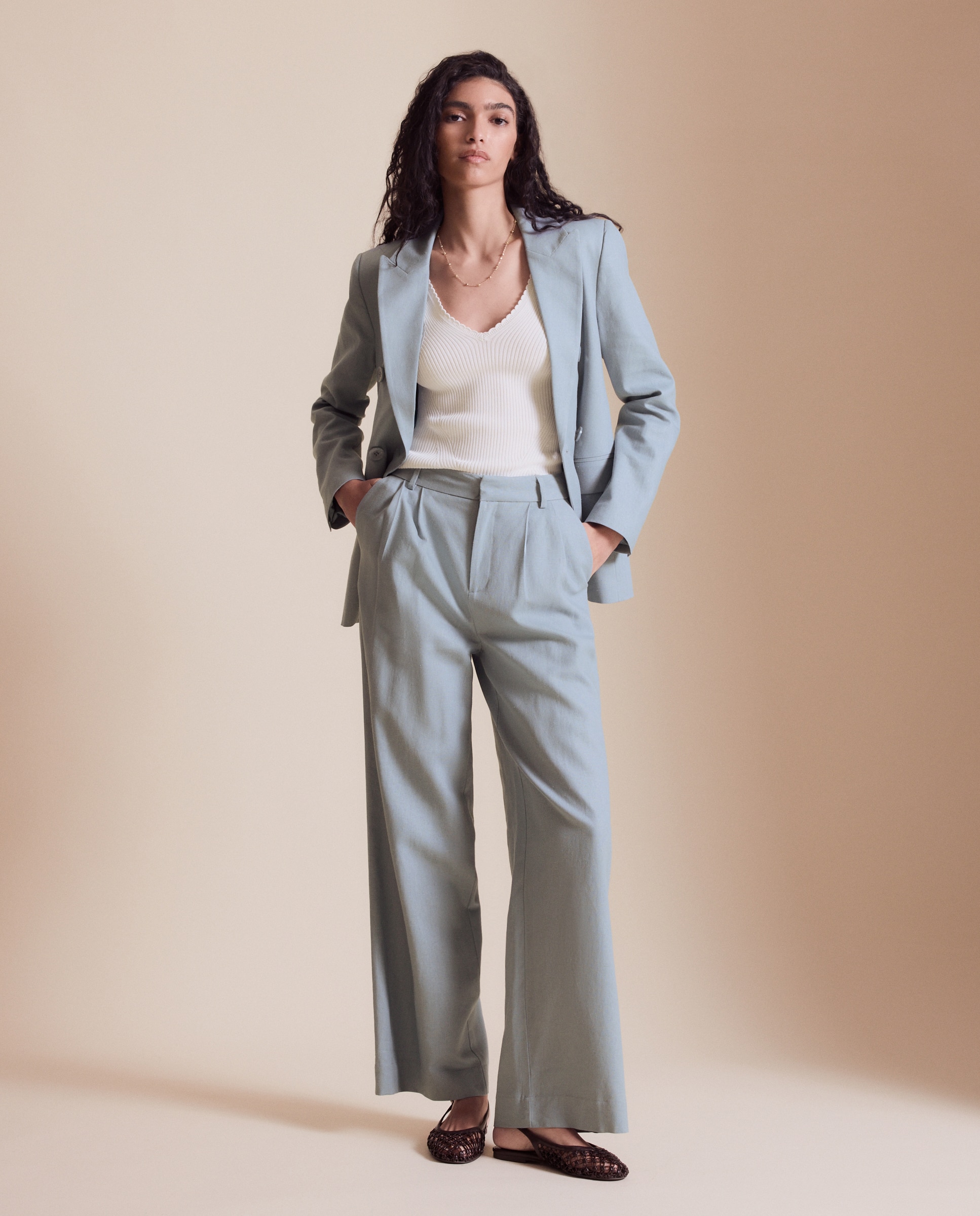 Calças largas de mulher com linho 400 Azul-1