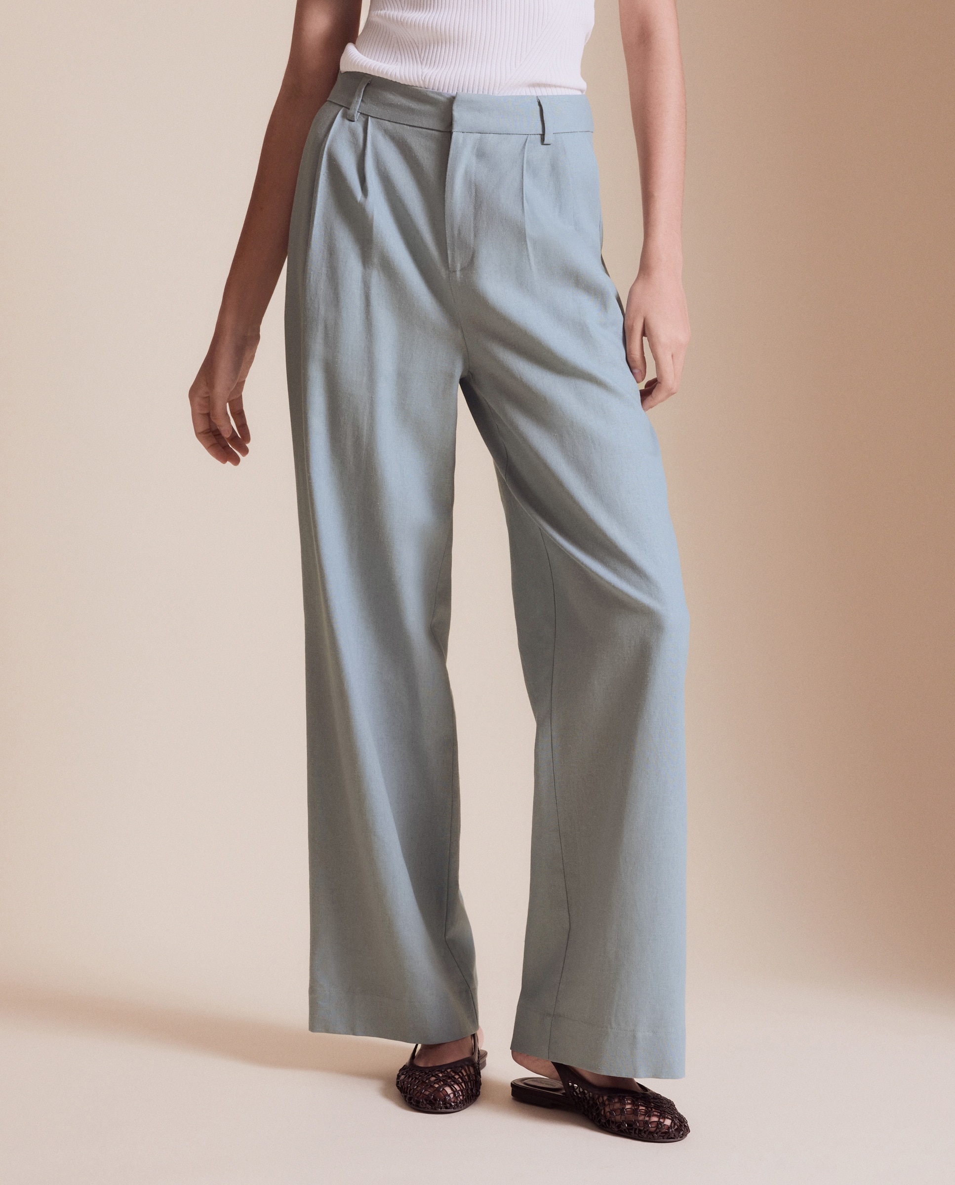 Calças largas de mulher com linho 400 Azul-2