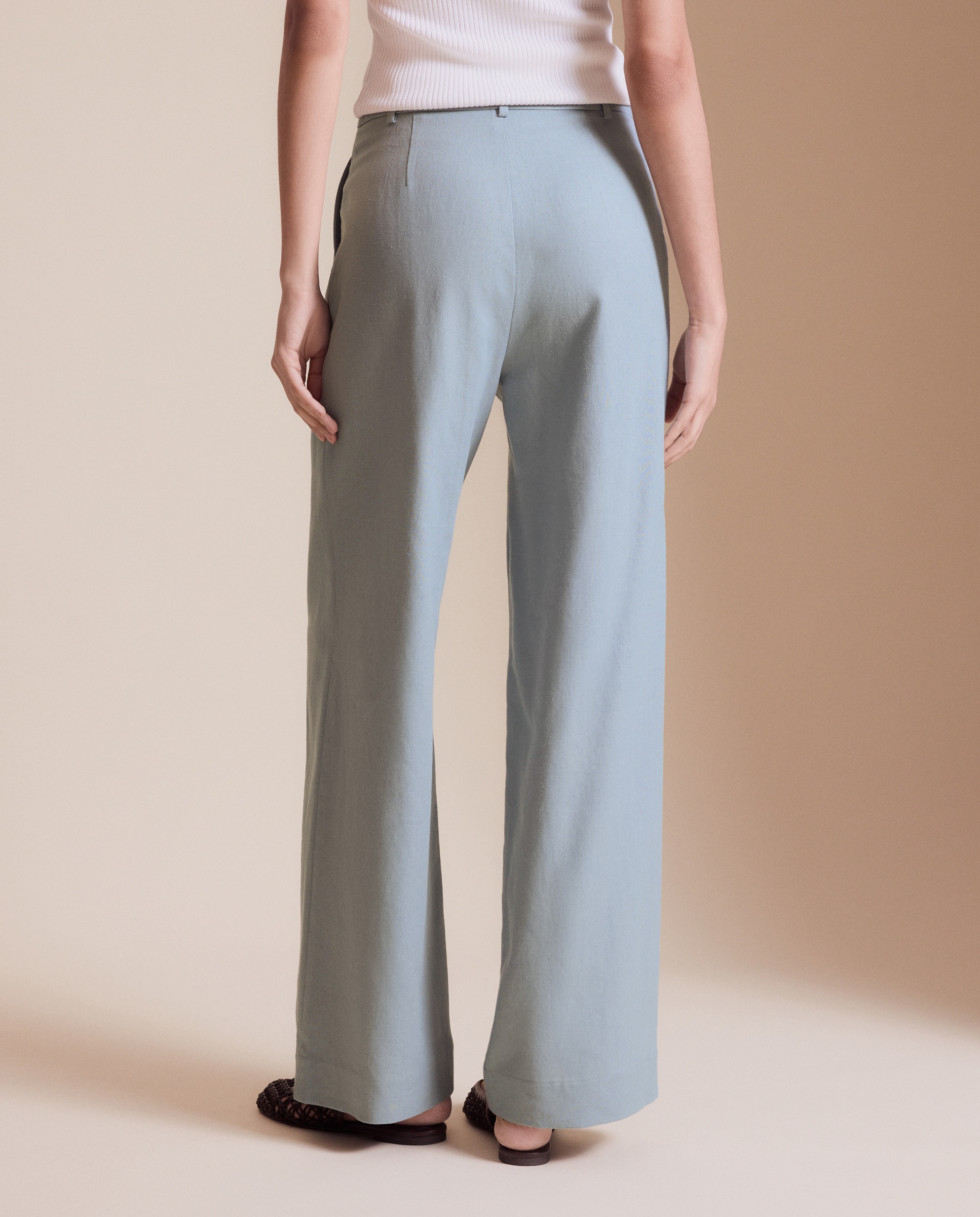 Calças largas de mulher com linho 400 Azul-3