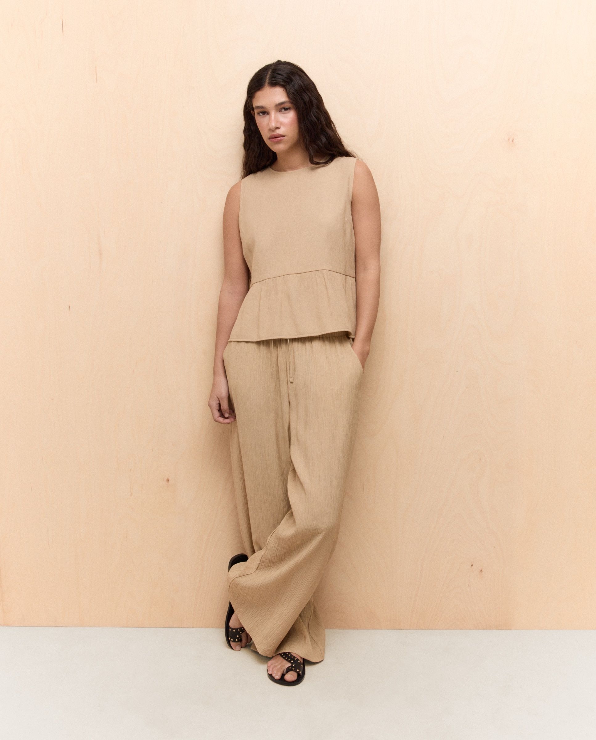 Pantalón arrugado cullote de mujer - Easy Wear - Índigo Beige-1