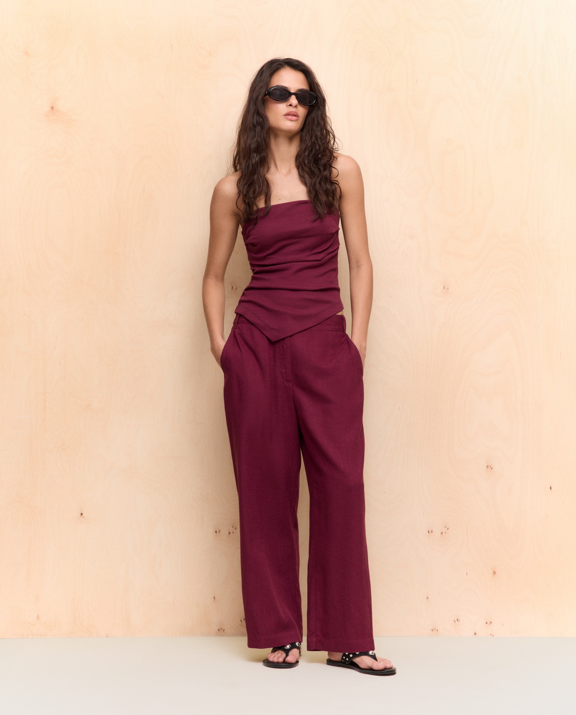 Calças Tipo Culotte com Linho Bordeaux-1