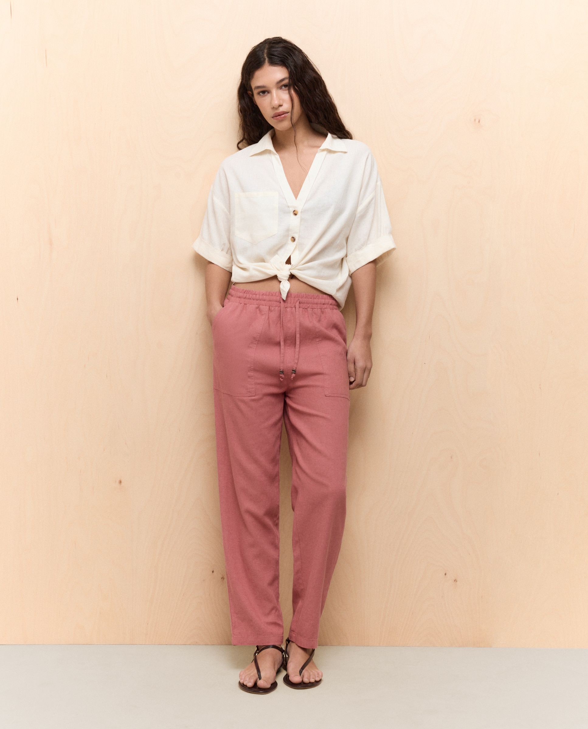 Pantalón fluido jogger con lino - Easy Wear - 220 Rosa palo 220 Rosa palo-1