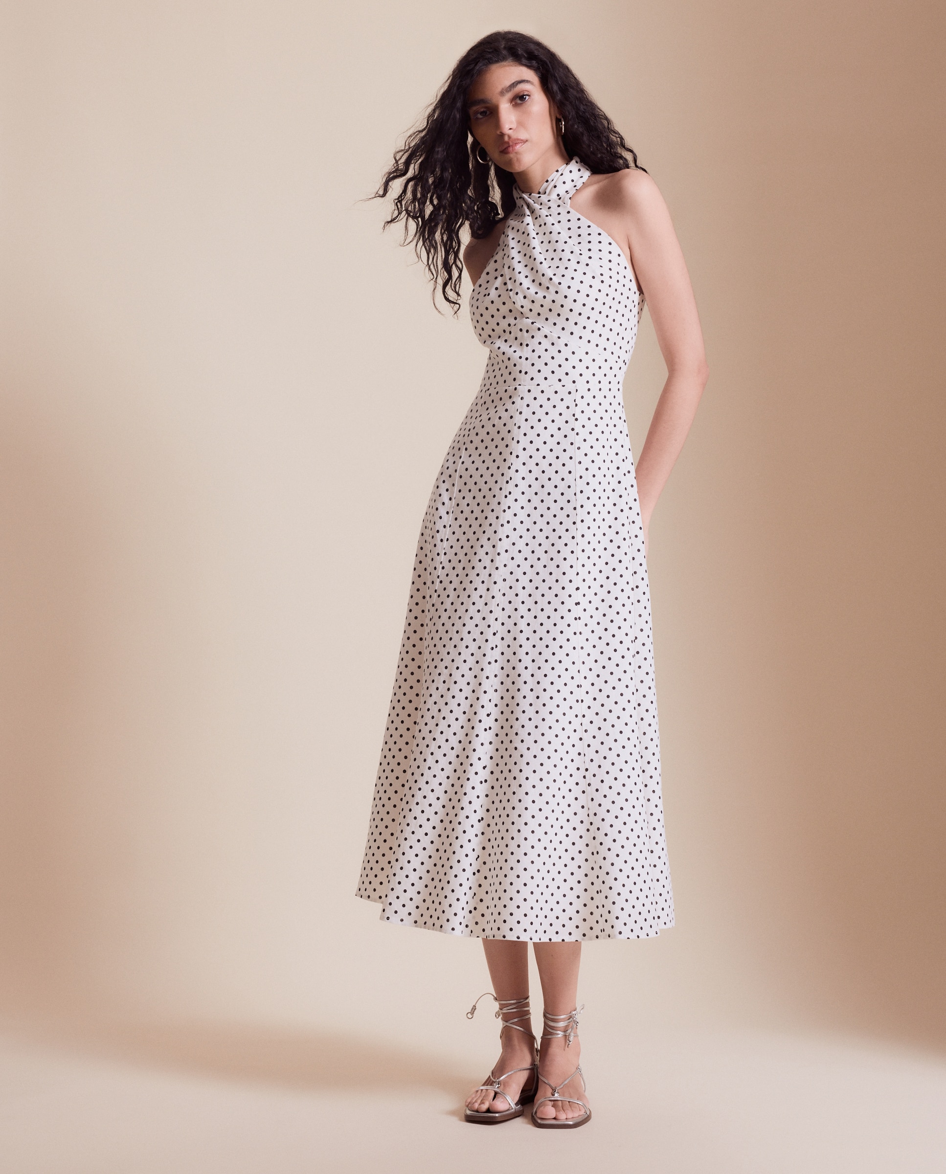 Vestido Midi de Linho com Gola Cruzada Branco-1