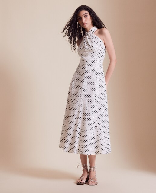Vestido midi con lino cuello cruzado