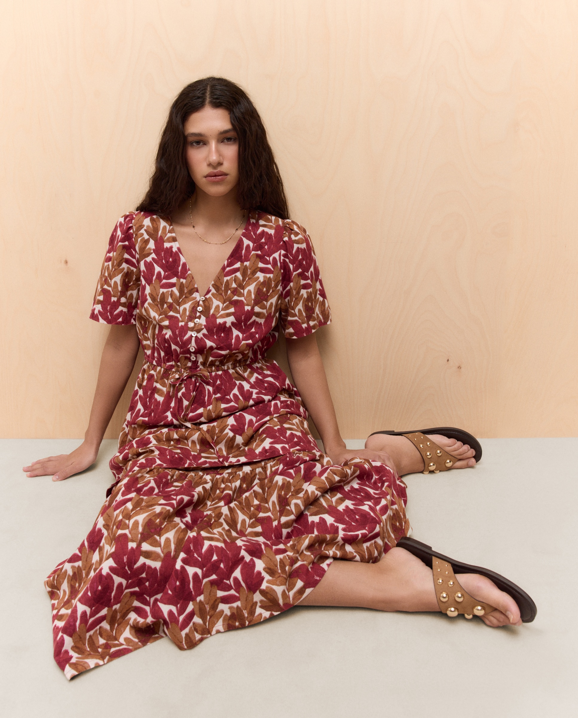 Vestido midi de mujer con cintura ajustable con codón - Easy Wear - Azul marino Rojo-1