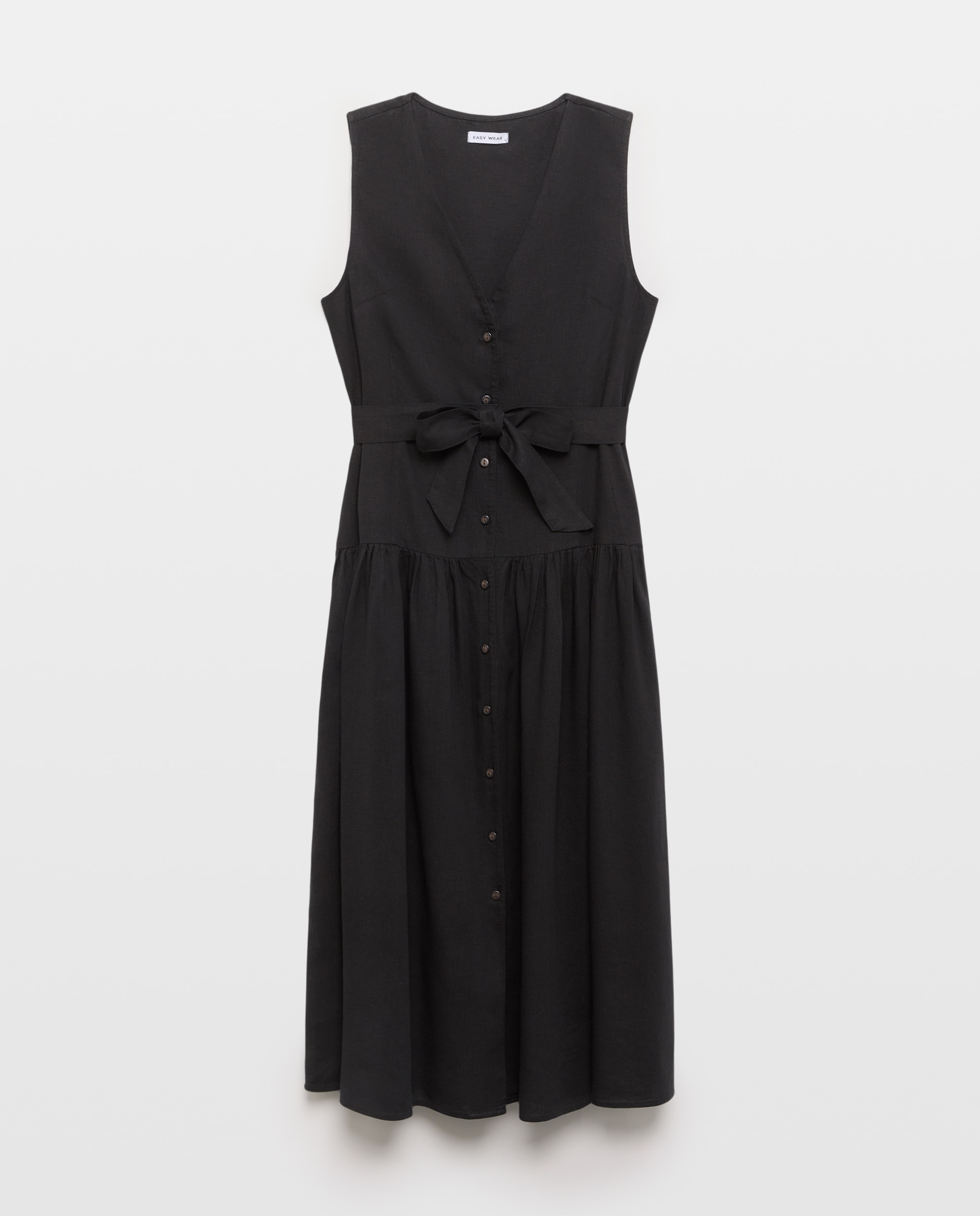 Vestido de Linho com Cintura Baixa Preto-4