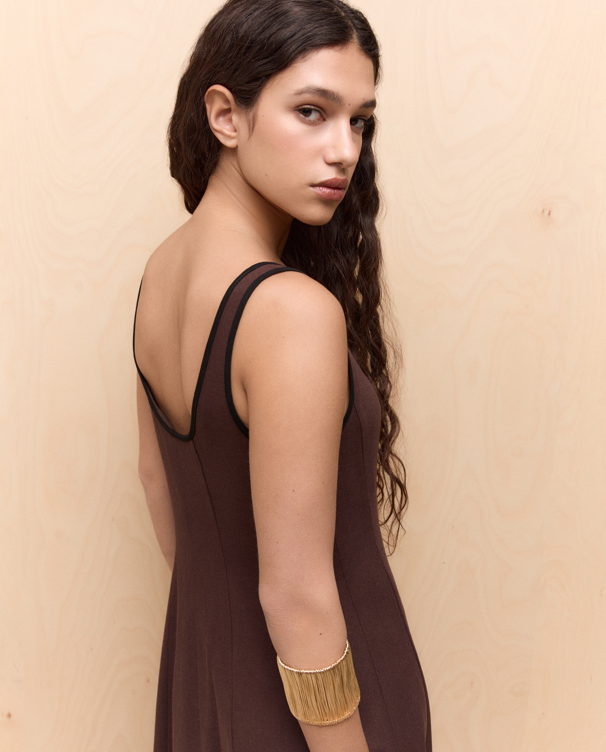 Vestido Midi com Vivos em Contraste Chocolate-4