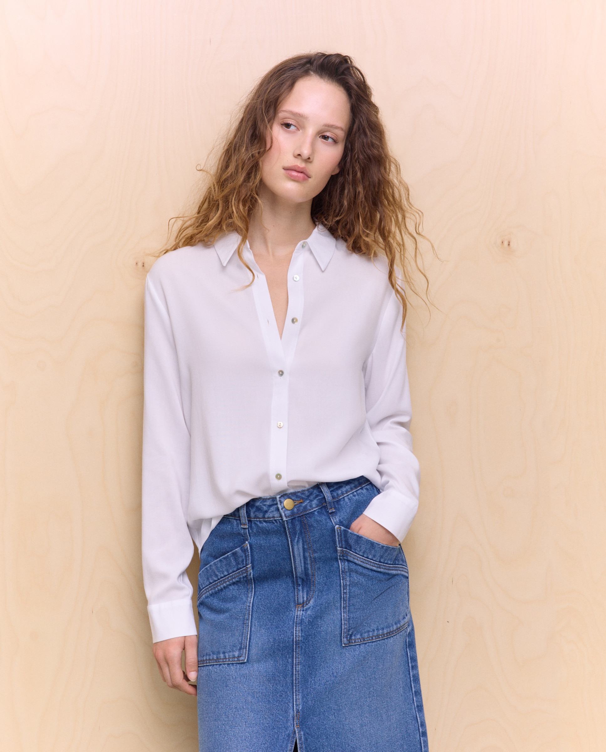 Camisa de viscosa de manga larga de mujer - Easy Wear - Blanco Blanco-1