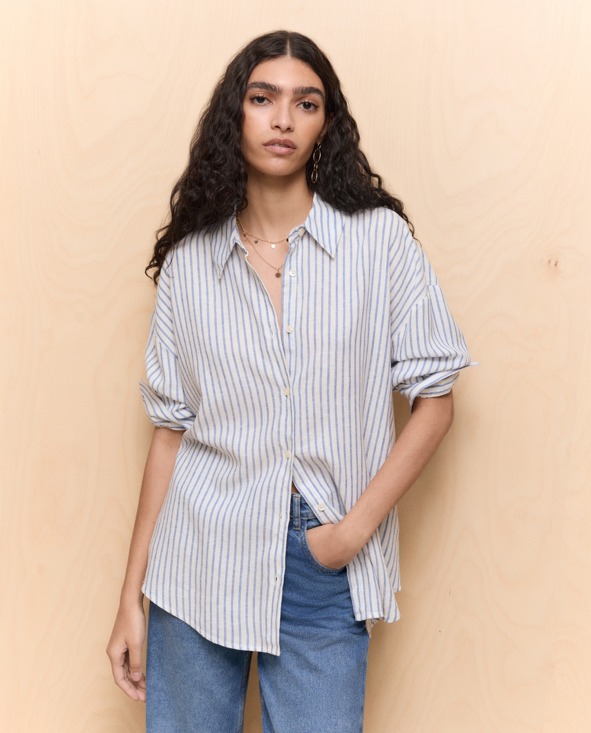Camisa Lisa de Manga Comprida Azul-1
