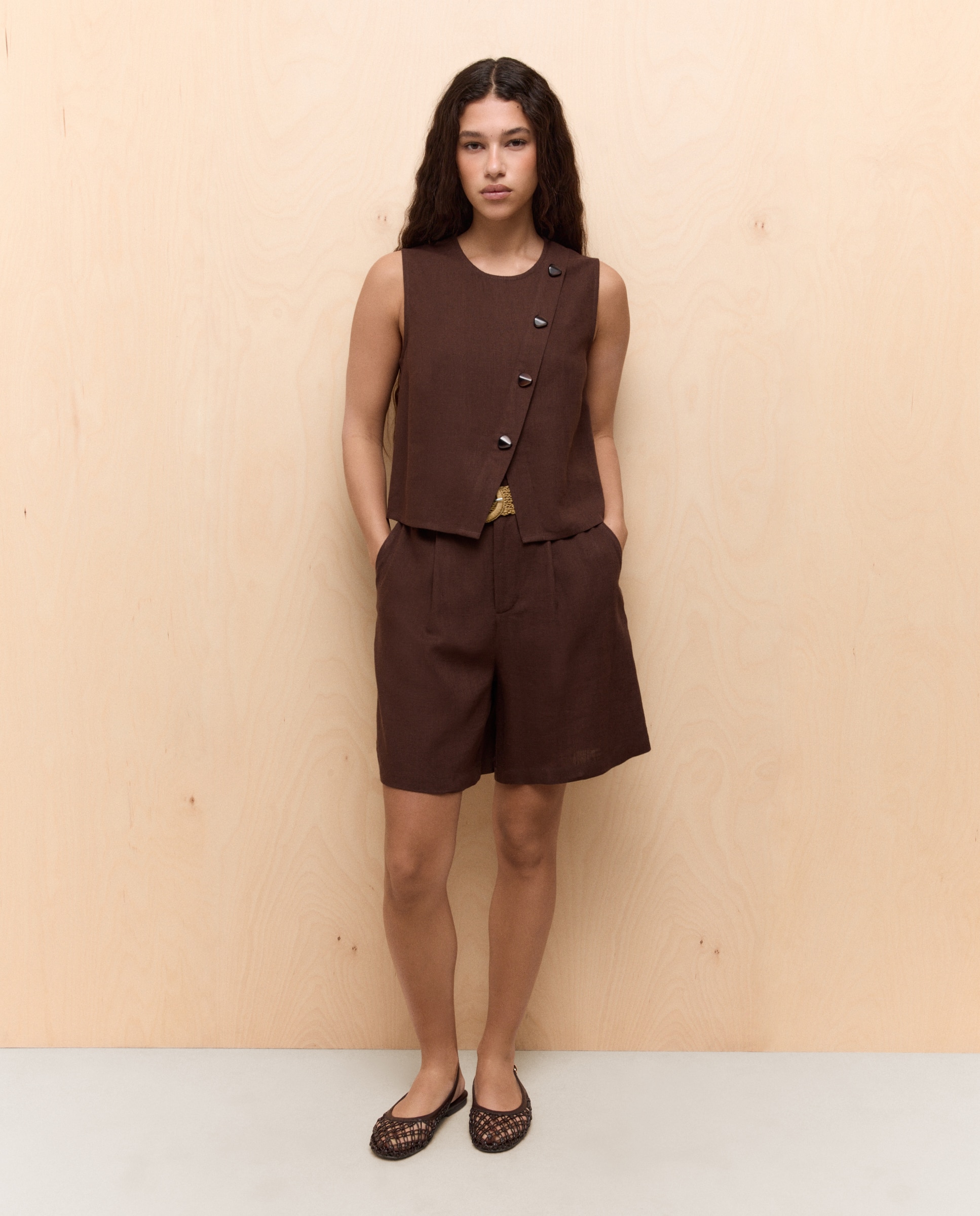 Bermuda de lino de mujer de lino - Easy Wear - Marrón Marrón-1