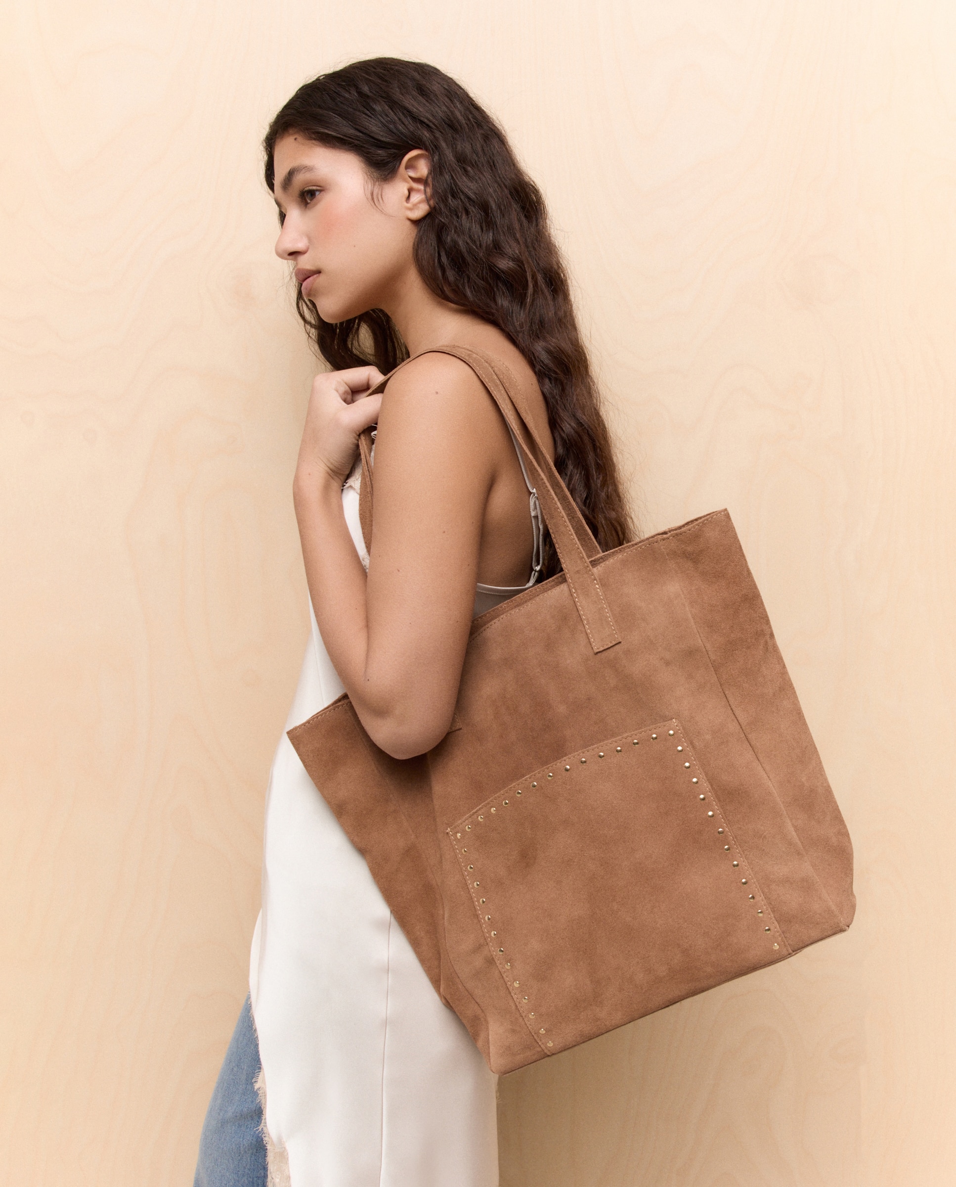 Mala Shopper em Pele com Fecho de Correr Castanho-5