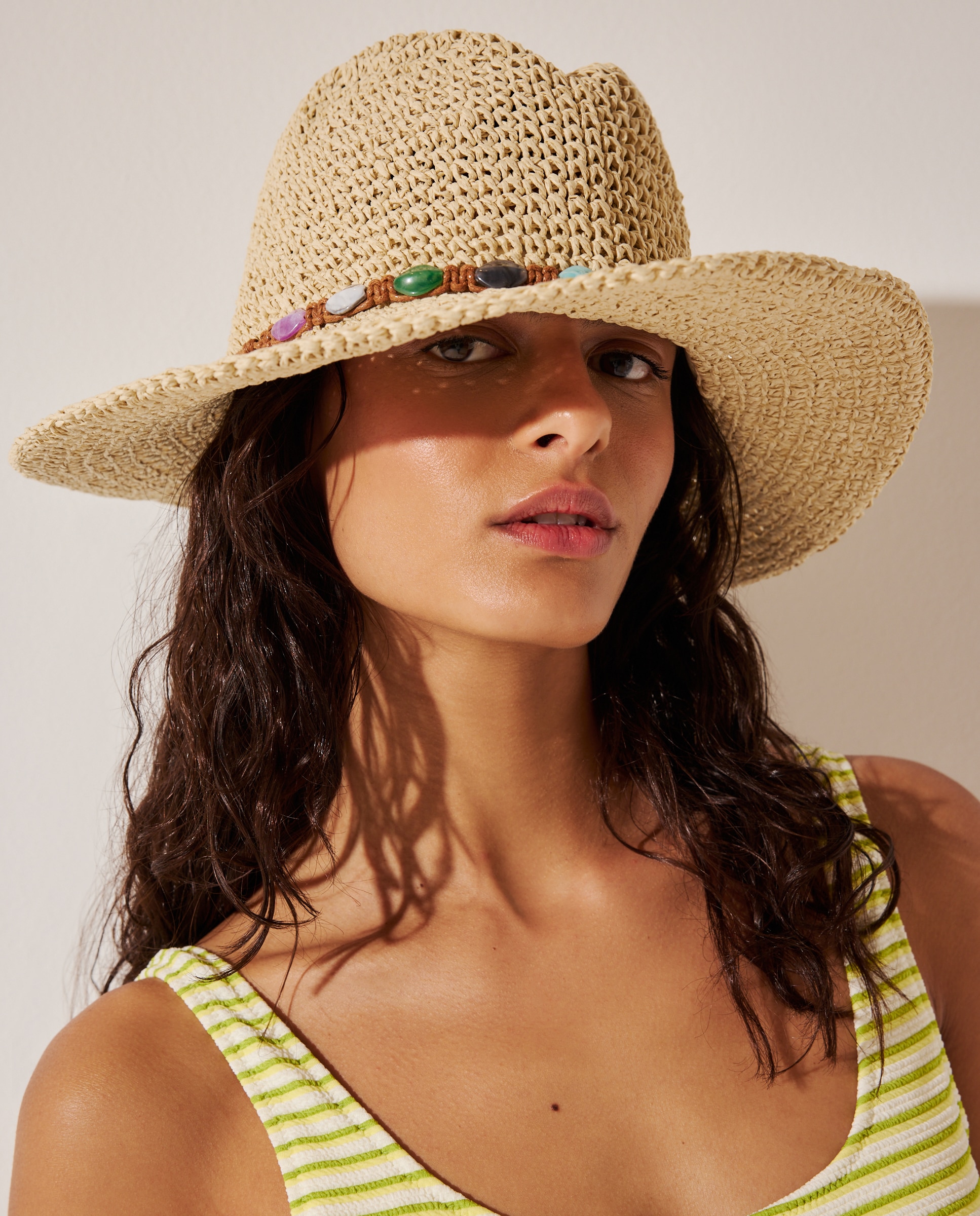 Gorro de Ráfia com Fita - Multicolor Bege-3
