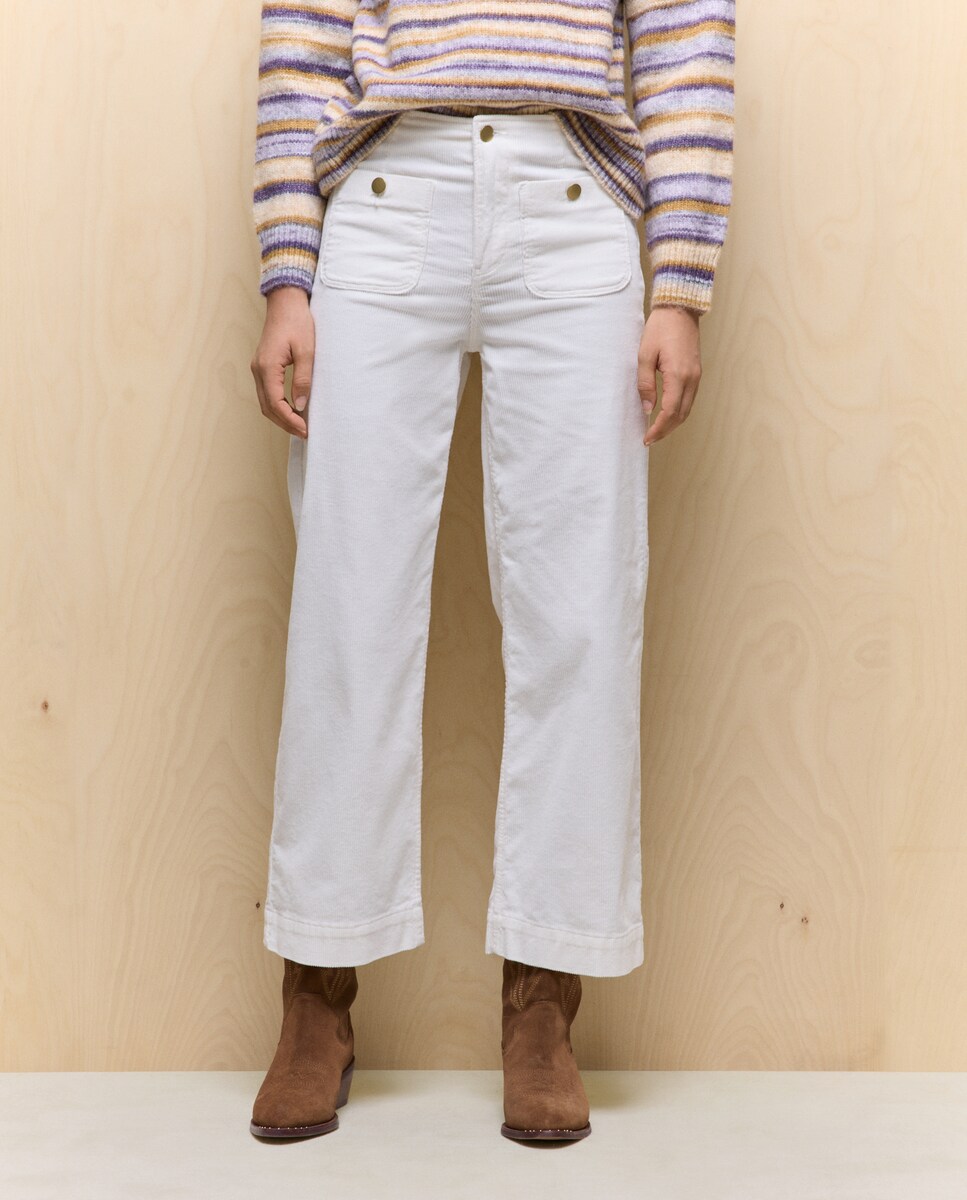 Calças de Bombazina Crop Tipo Culotte Branco-marfim-2