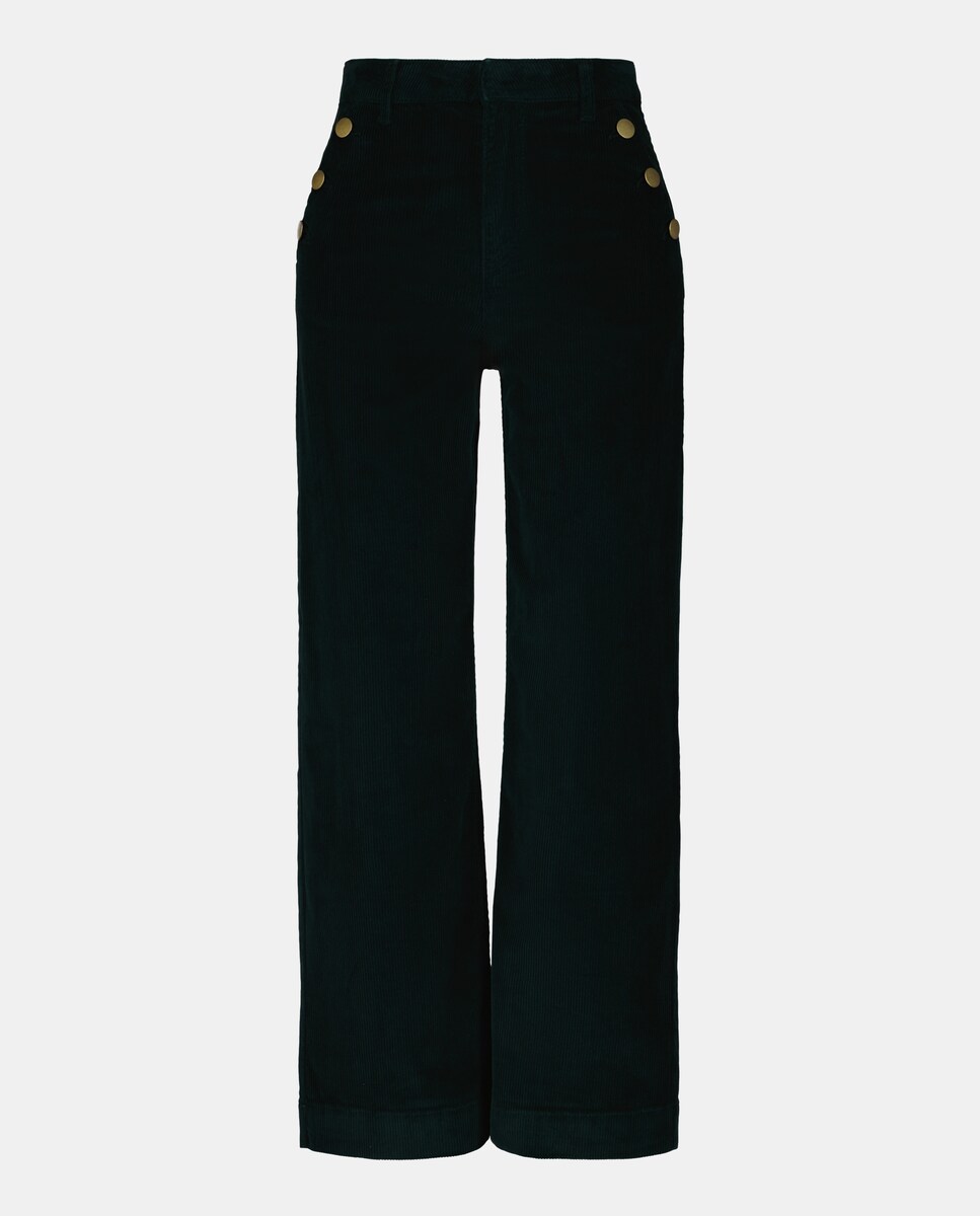 Calças de Bombazina Cropped Tipo Culotte Abotoada 530 Verde Escuro-4