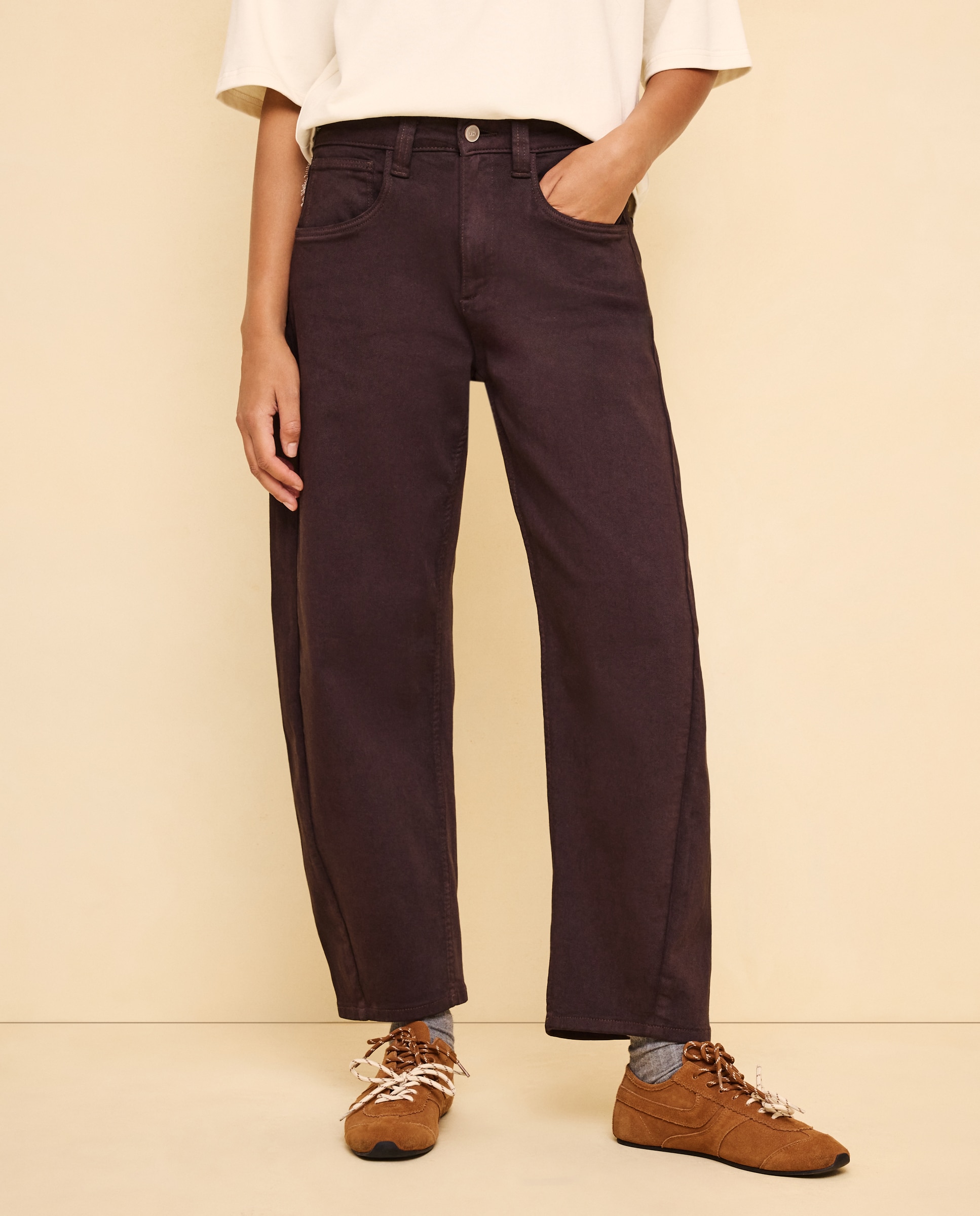 Pantalón denim de mujer barrel con tiro medio - Easy Wear - Marrón Marrón-2
