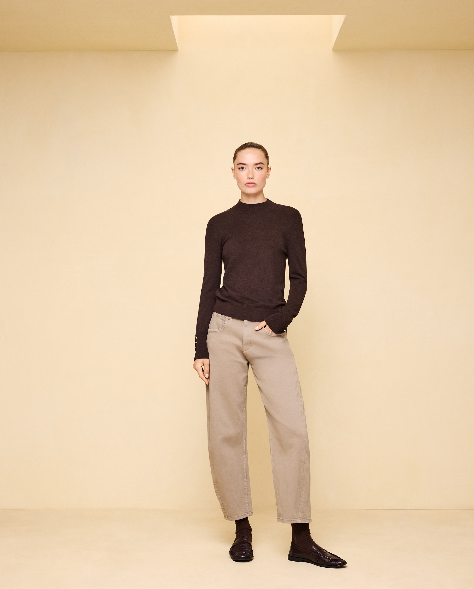 Pantalón denim de mujer barrel con tiro medio - Easy Wear - Visón claro Visón claro-1
