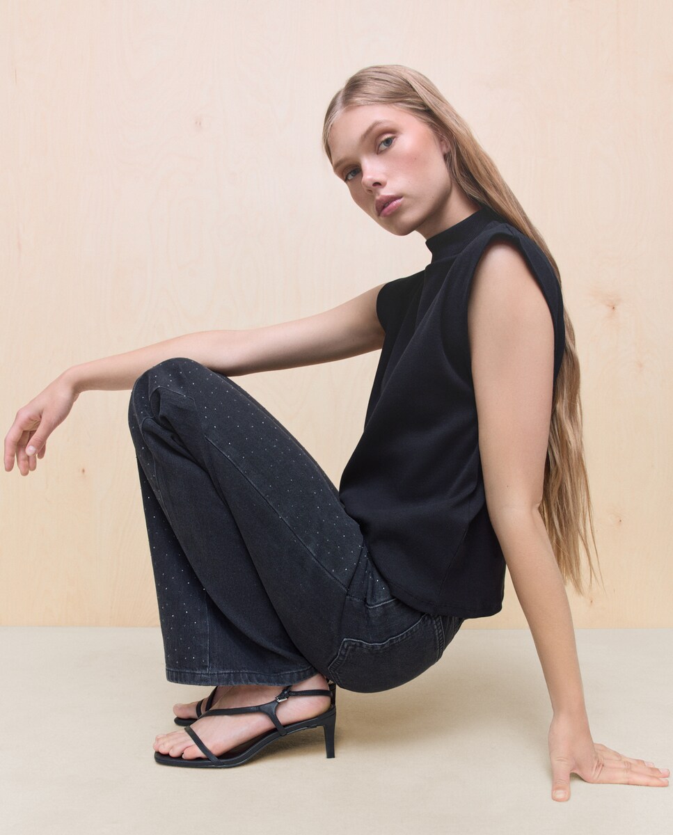 Jeans Wideleg com Decoração Preto Intenso-1