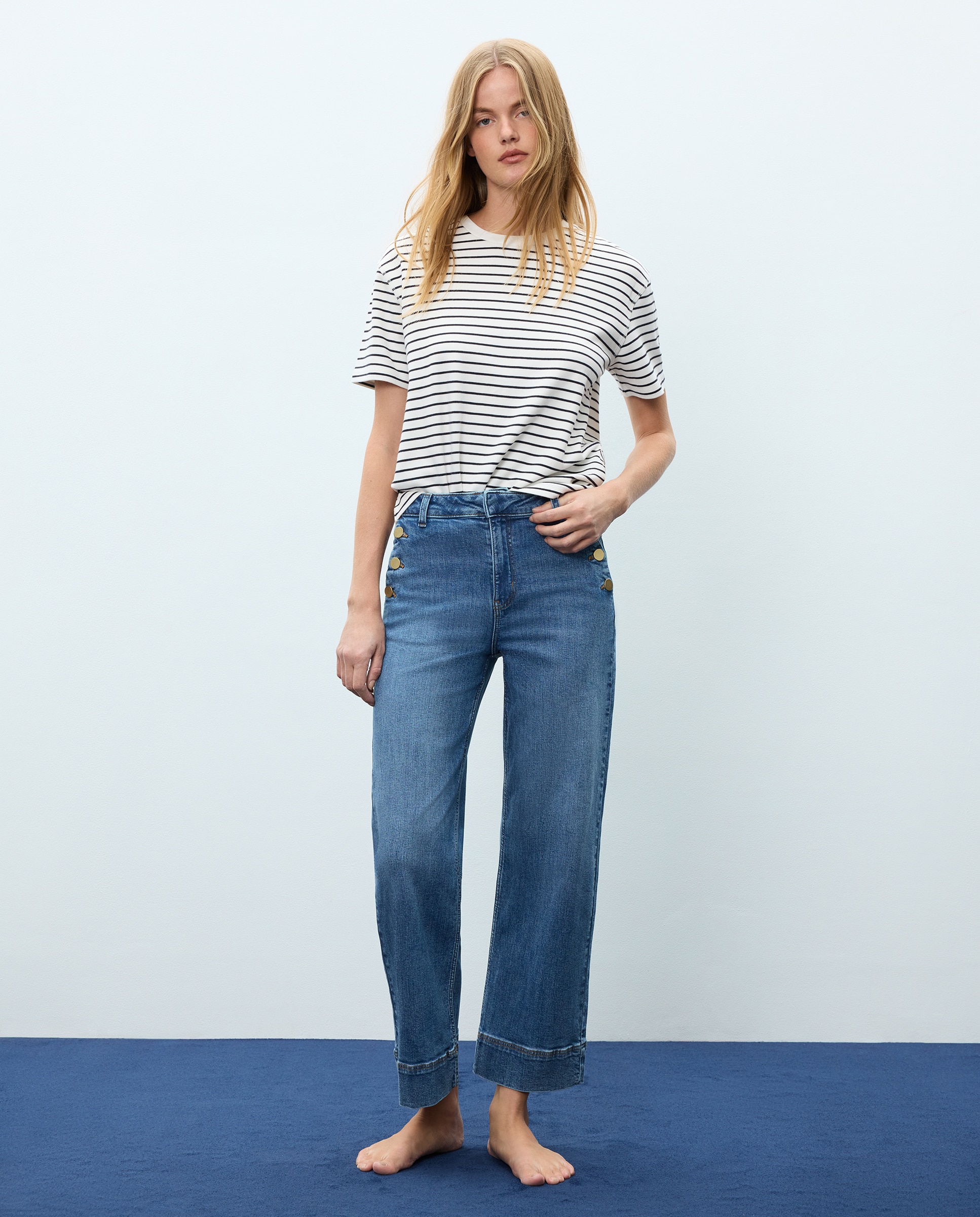 Pantalón denim de mujer crop culotte abotonado - Easy Wear - Azul pálido Azul pálido-1