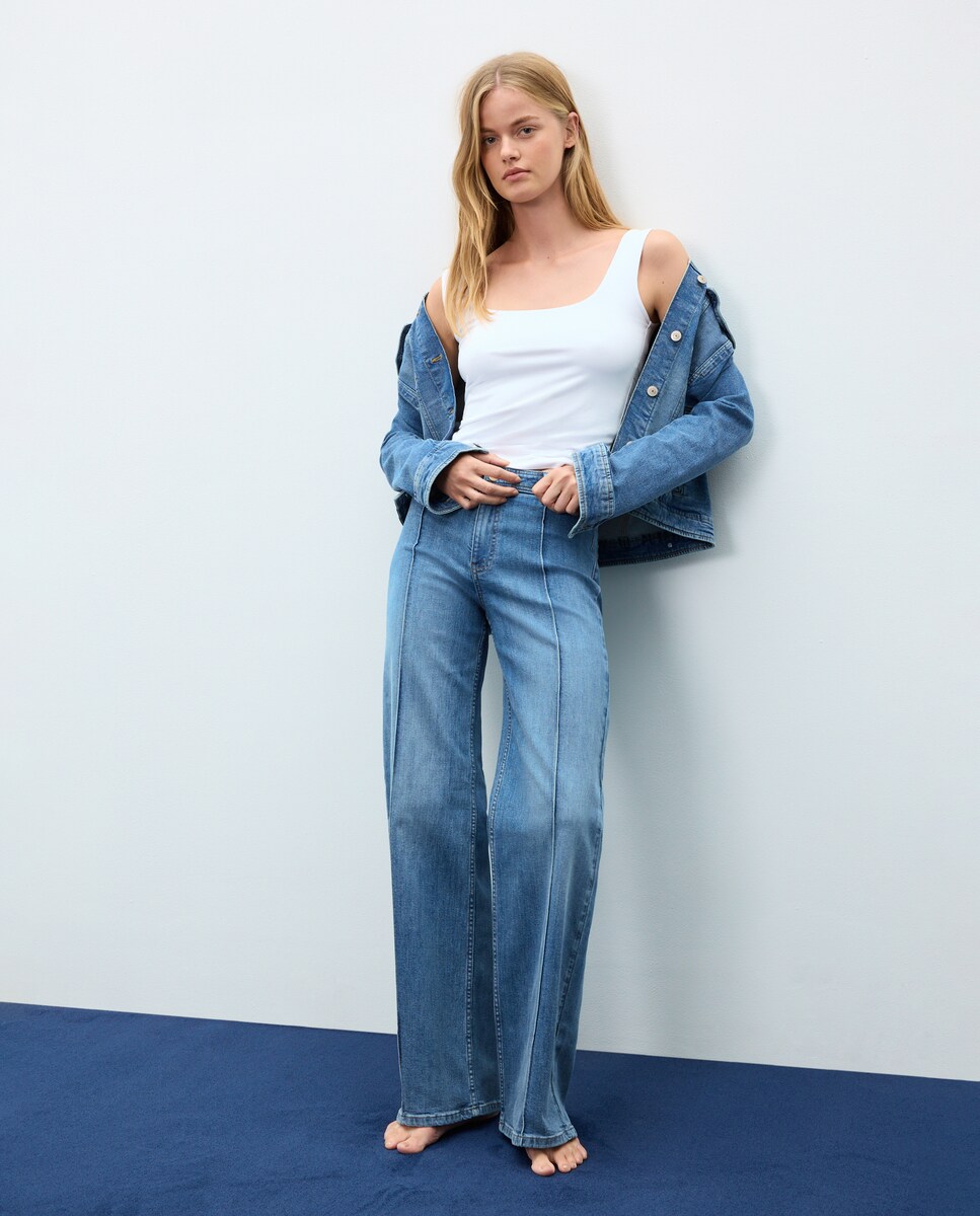 Imagen 0 de Pantalón denim  de mujer wideleg con costura central Azul pálido