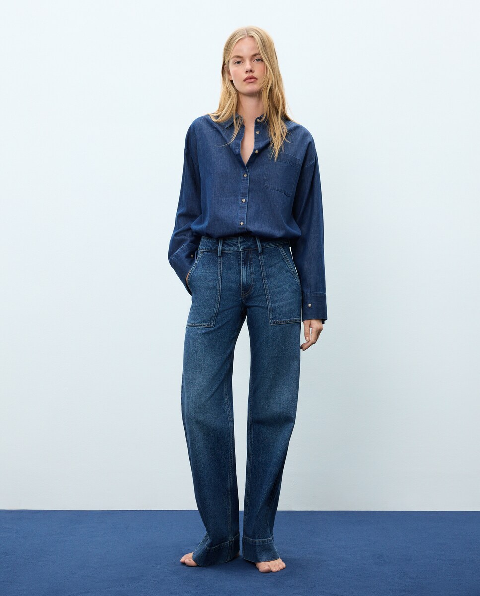 Imagen 0 de Pantalón denim de mujer con bolsillos carpenter Azul pálido