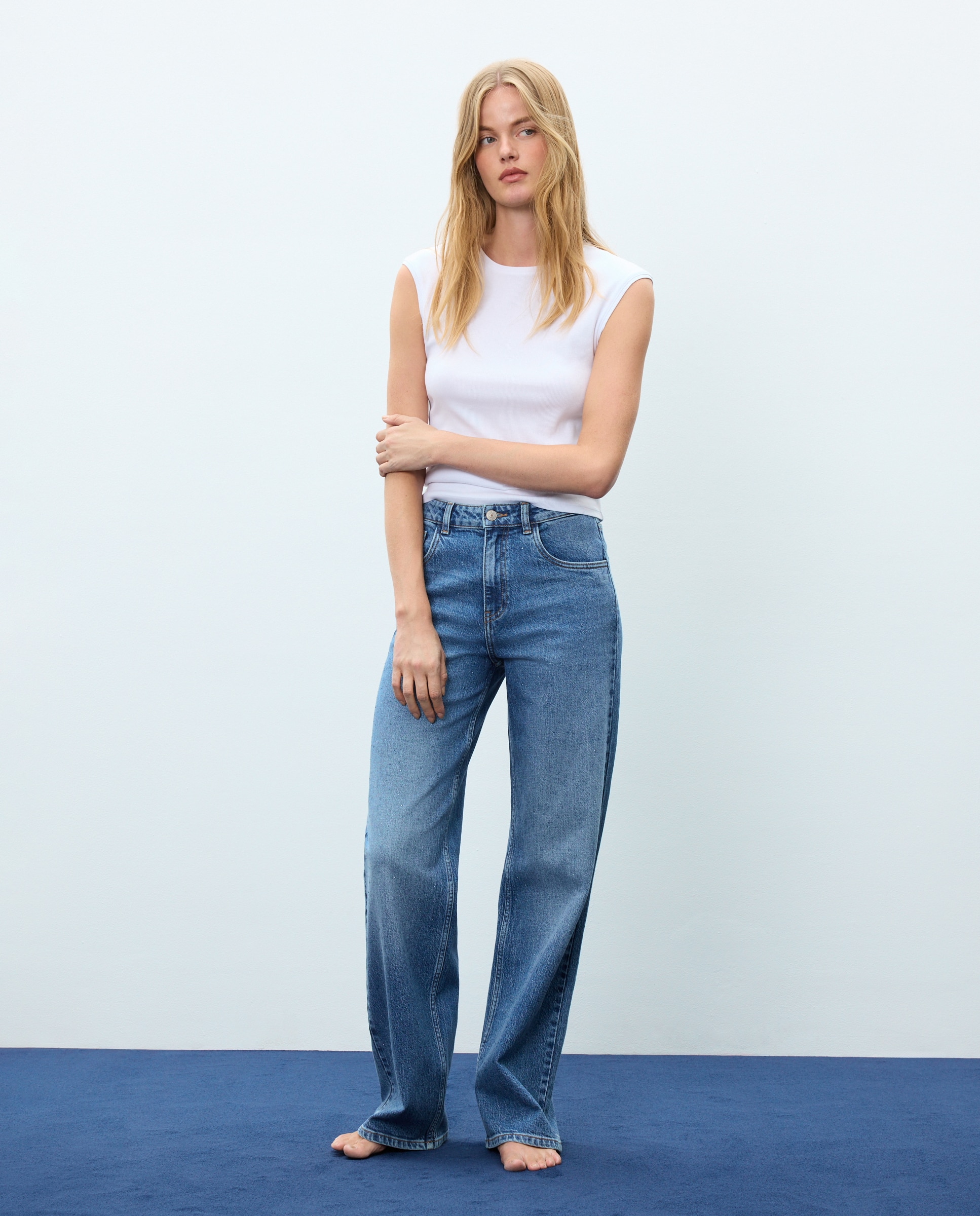 Pantalón denim de mujer wideleg con trenza en bolsillos - Easy Wear - Azul pálido Azul pálido-1
