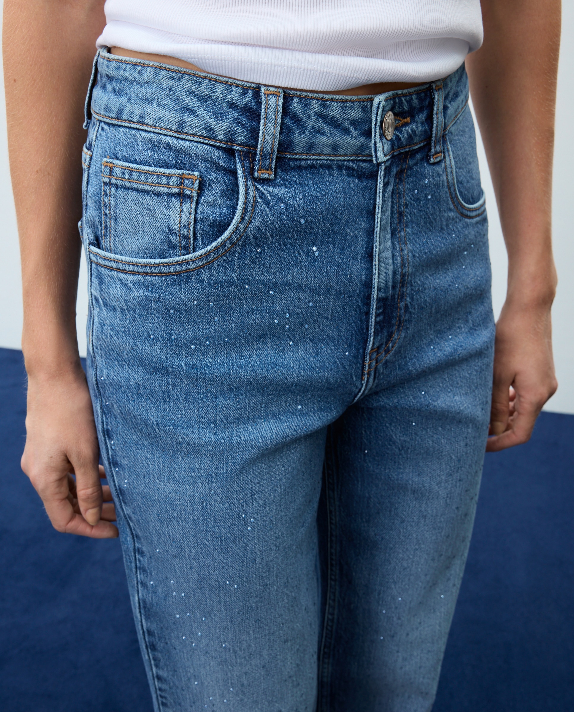 Pantalón denim de mujer wideleg con trenza en bolsillos - Easy Wear - Azul pálido Azul pálido-4