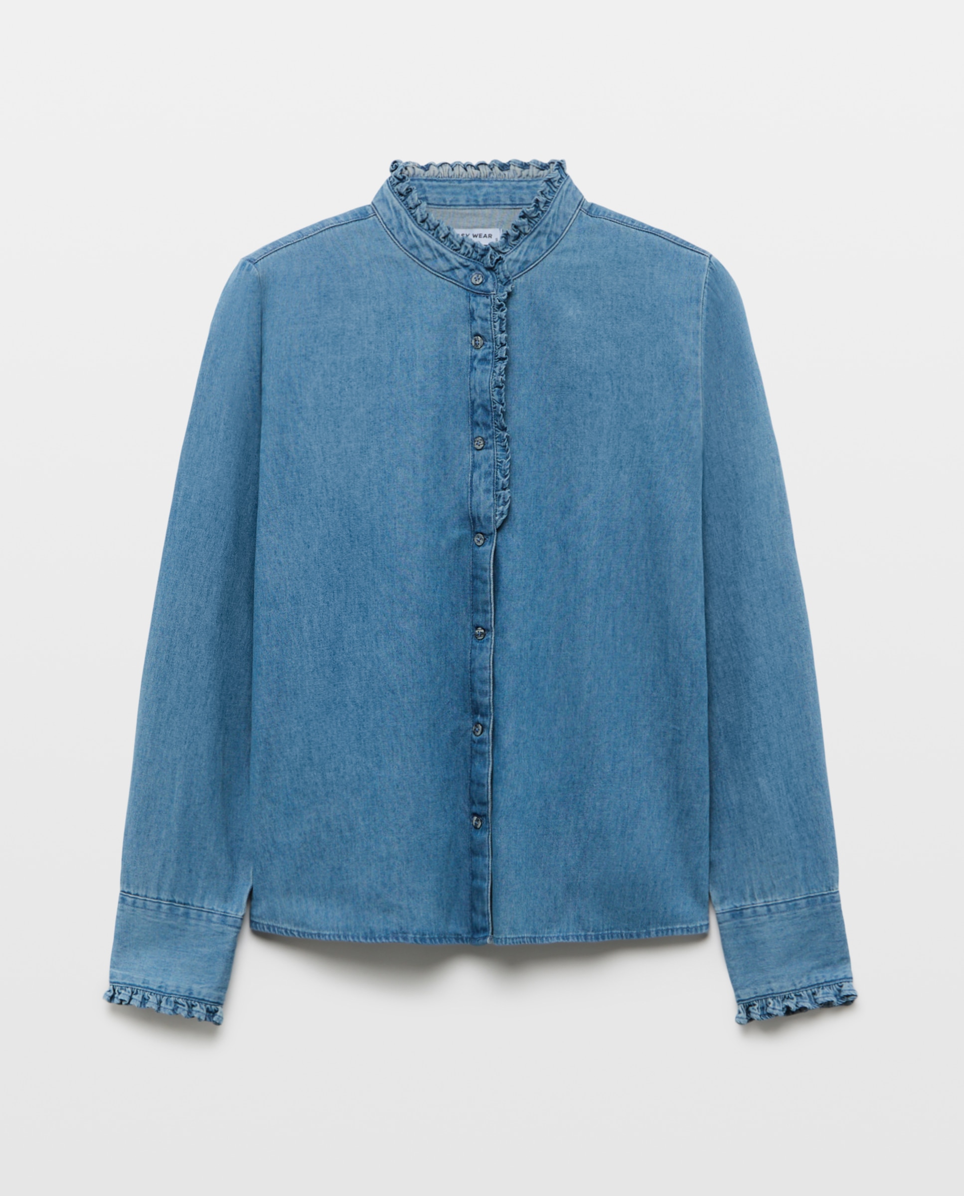 Blusa vaquera de mujer con volantes en torno a cuello y tapeta - Easy Wear - Azul pálido Azul pálido-4