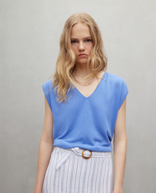 Imagem 0 de T-shirt com Decote em Bico e Franzidos com Linho