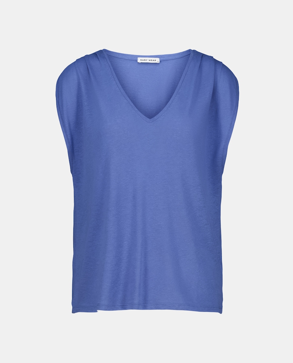 T-shirt com Decote em Bico e Franzidos com Linho Ceruelo-4