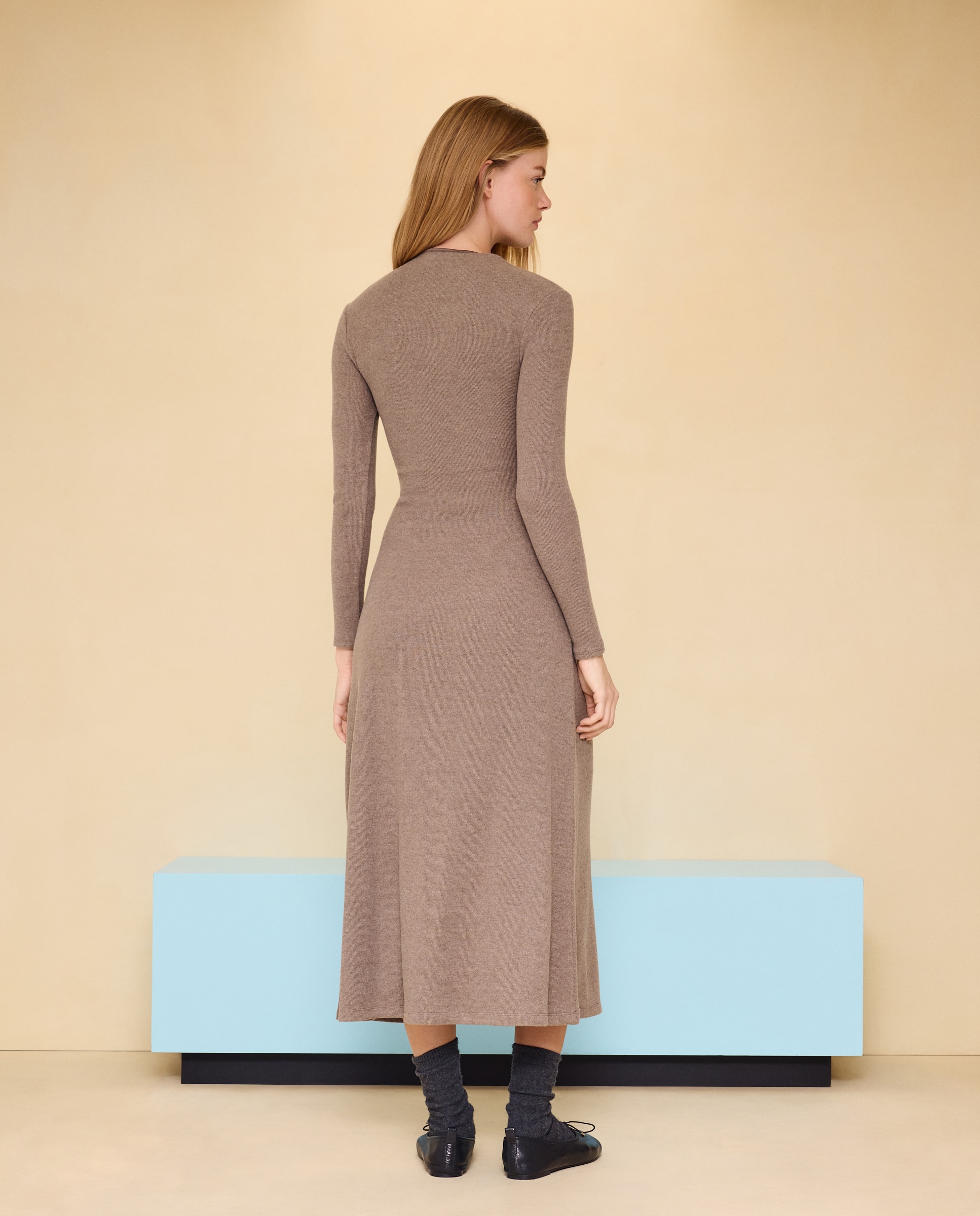 Vestido de Manga Comprida Bege-2