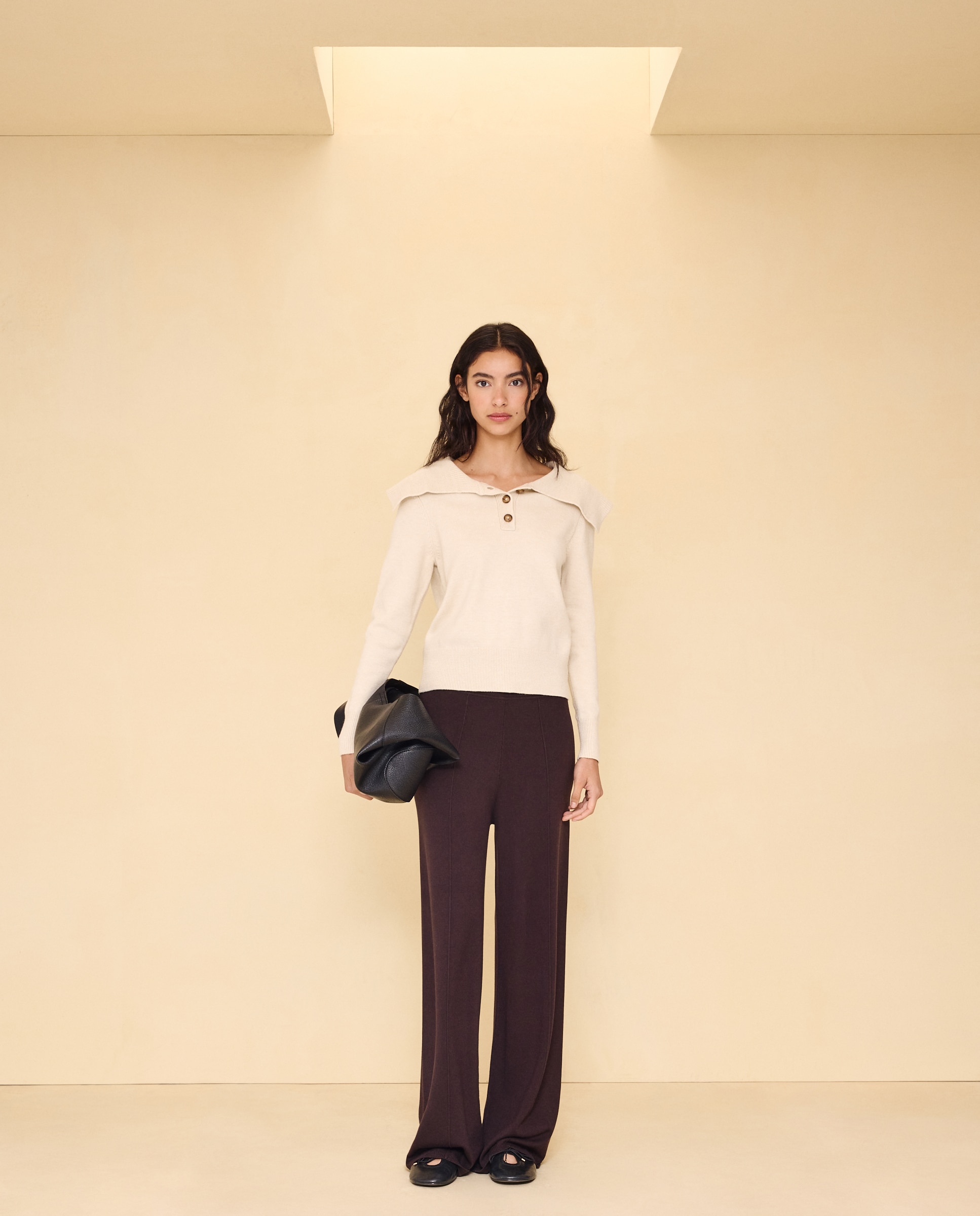 Pantalón de mujer de punto pata ancha. - Easy Wear - Marrón Marrón-1